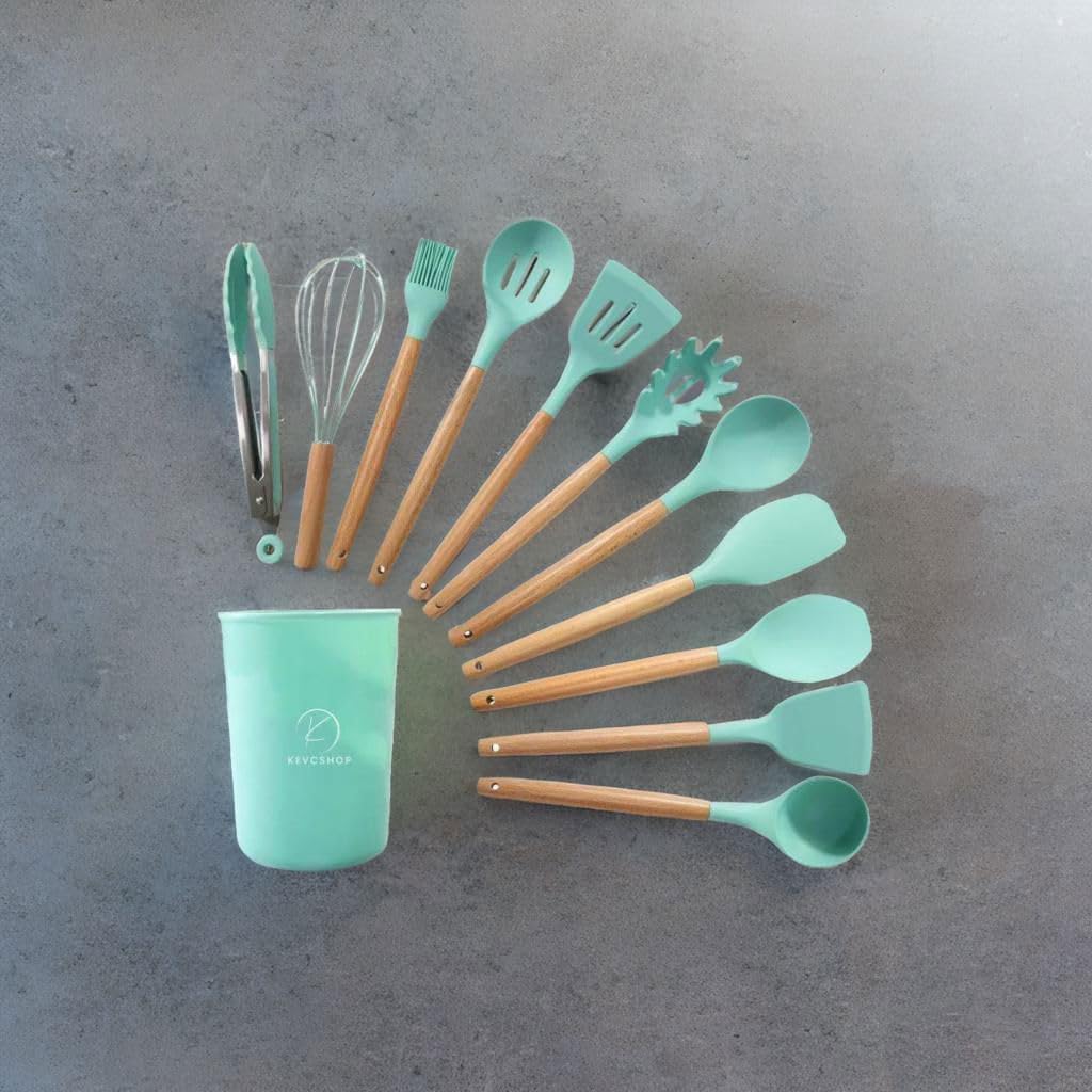 Deluxe 12-Piece Silicone Kitchen Utensils Set with Durable Cooking Tools - Heat Resistant Nonstick Cookware Essentials, Includes Spoon, Spatula, Ladle, and Utensil Set Holder (Turquoise)