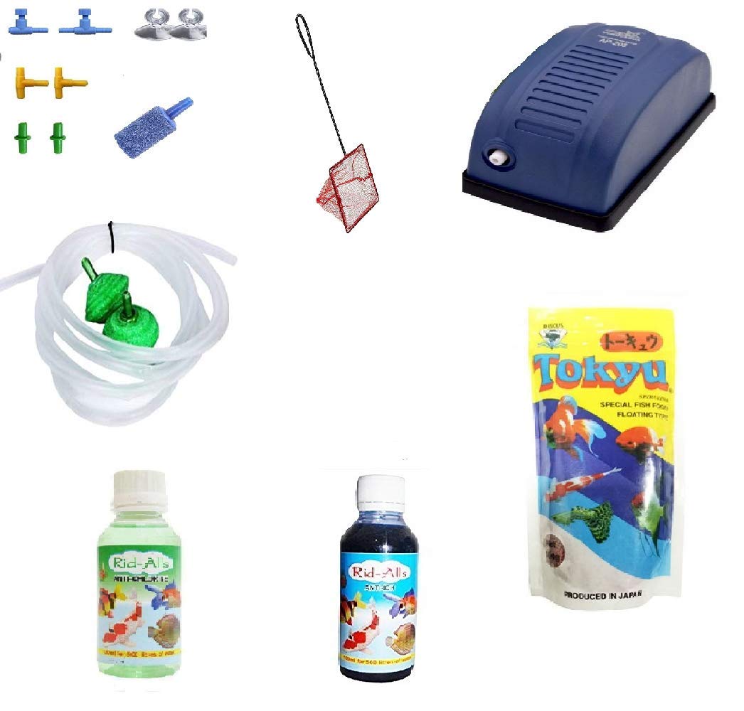 GenericSHREEJBL Complete Beginner Aquarium Air Pump Accessories - Tokyo 100gm Fish Food & Soft Air Pump Pipe I 2 Way i Joint 3 Way T Joint Speed Controller Set 15 Pieces
