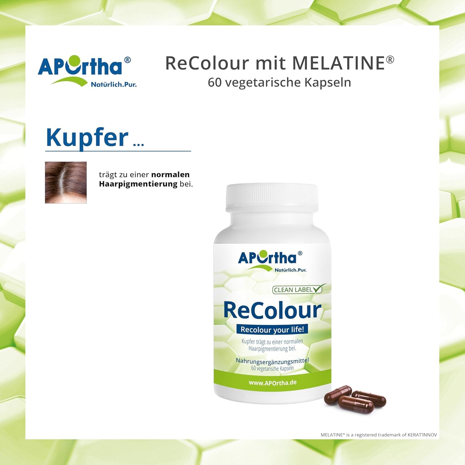 APOrtha® ReColour mit hochwertigem Melatine® Melanin I 60 vegetarische Kapseln mit Melanin gegen graue Haare I schrittweise Re-Pigmentierung von weißem und ergrautem Haar I Anti graue Haare Männer