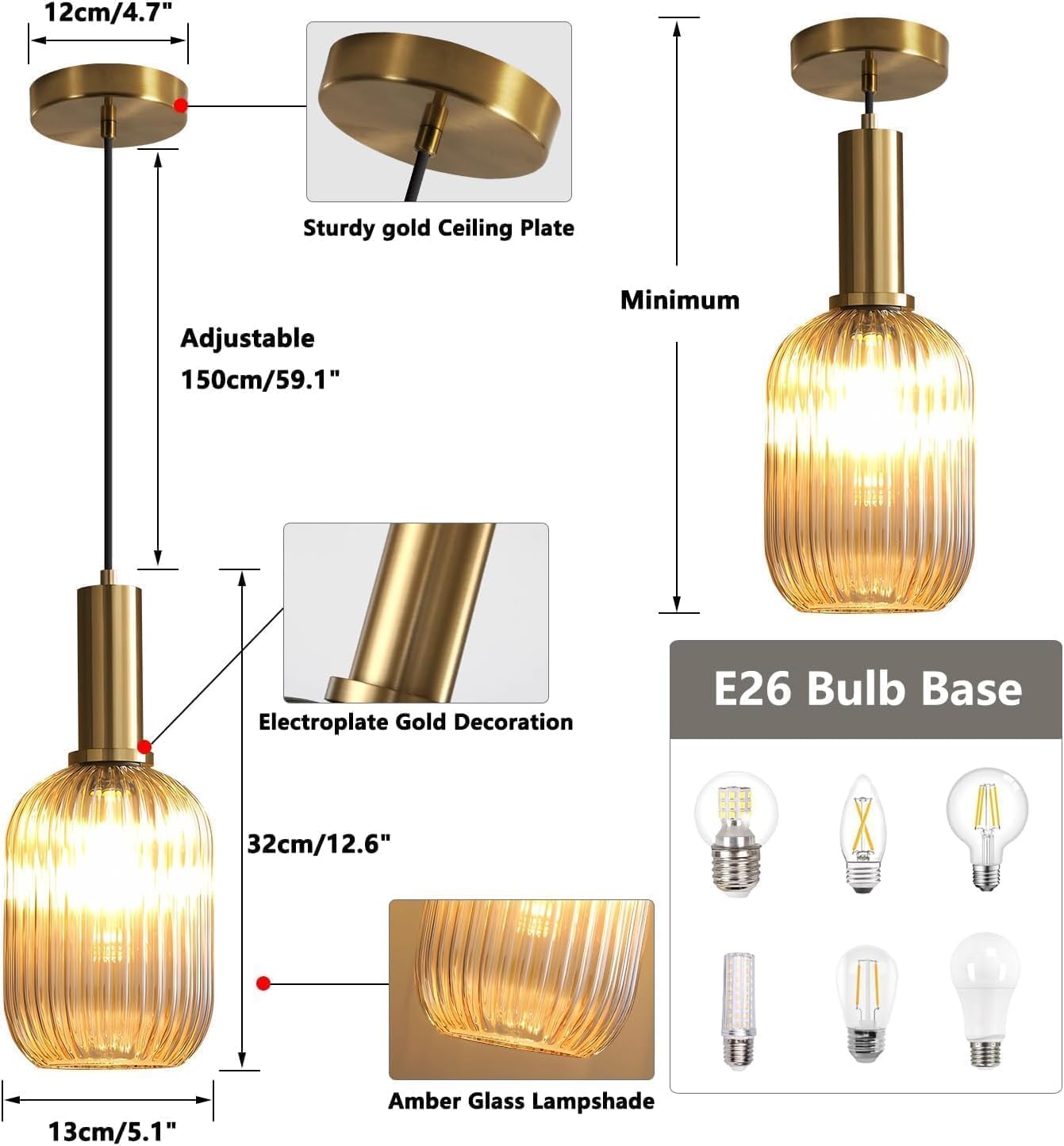 Mini Smoke Glass Pendant Light - 1-Light Brushed Gold, Minimalist Globe Hanging Fixture, Mid Century Modern Lighting for Kitchen Island, Entry(Amber,13cm)