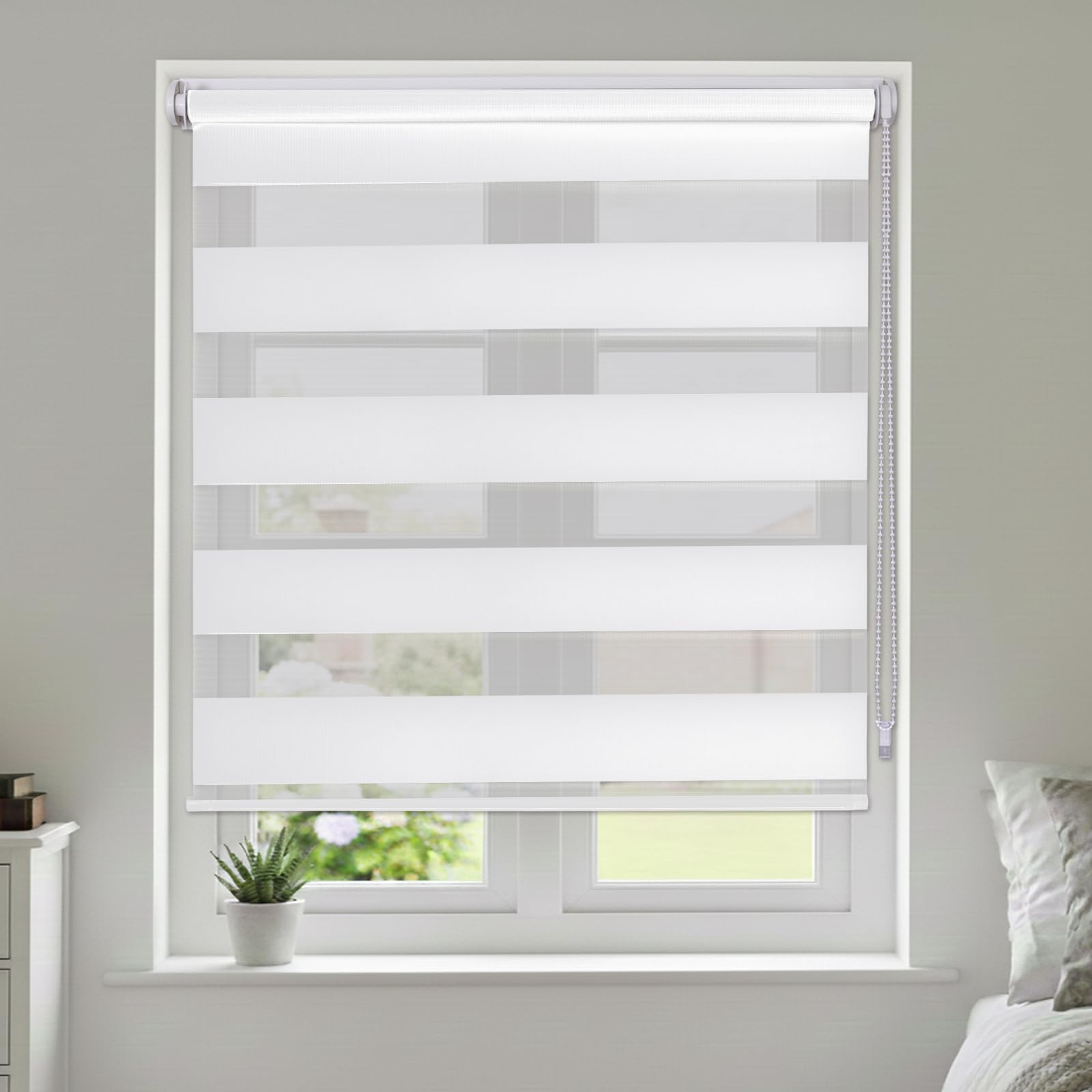 Maritown No Drill Day and Night Zebra Roller Blinds for Windows Double Layer Light Filtering Privacy and Blackout Blinds Stick on Easy Fit for Bedroom,Kitchen,Bathroom (White, 45W x 160H cm)