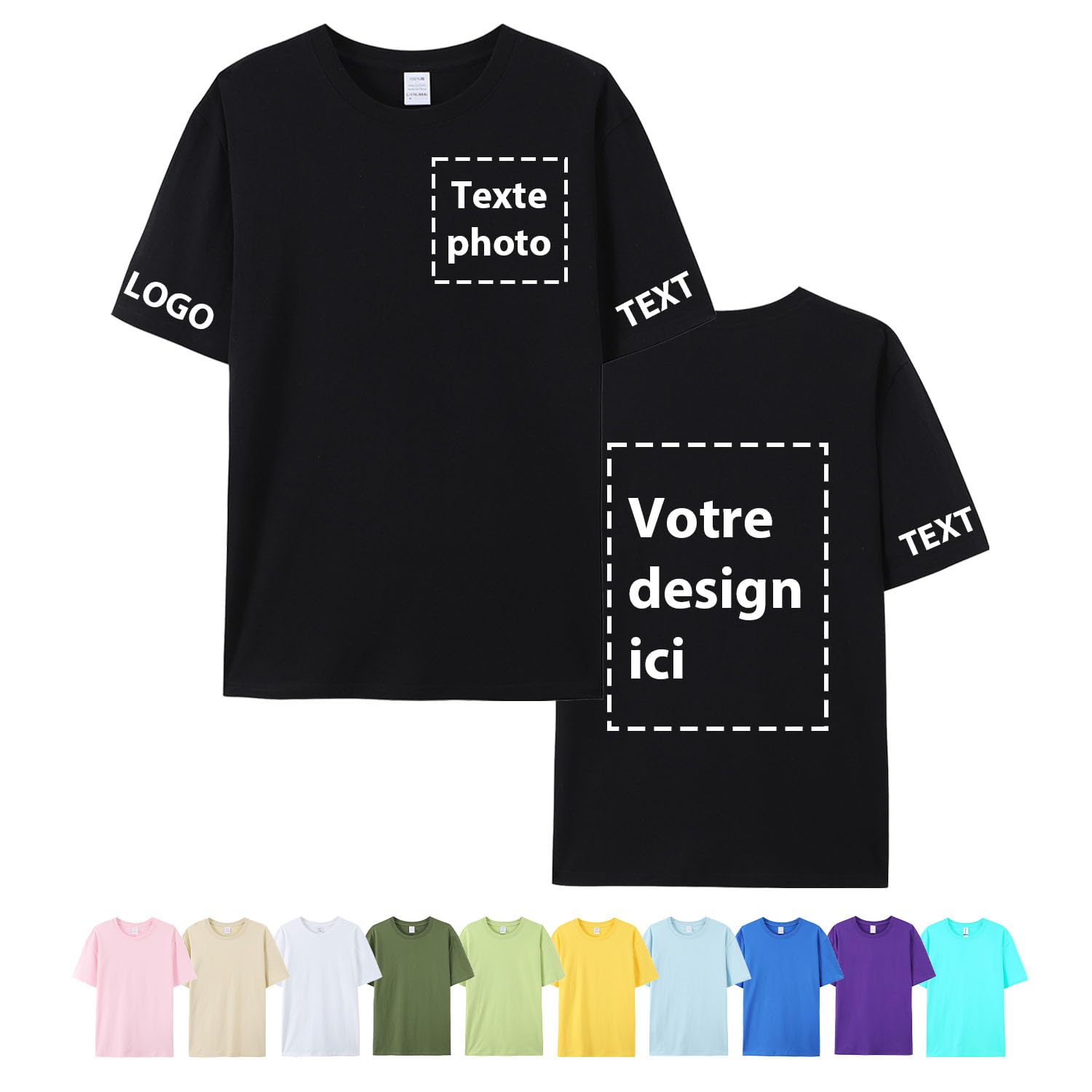 T-shirt Personnalisé Homme/Femme - Créez Votre Design Avec Texte/Image/Logo - Coton 100% - Impression Recto/Verso