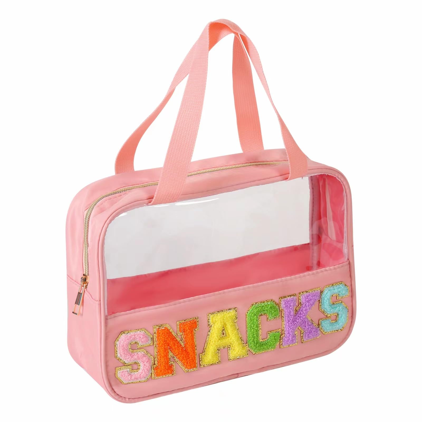 Chenille Letter Patch Clear Bag,Preppy Multi-purpose PVC&Nylon Clear Makeup Bag with Handles,Large Travel Makeup Toiletry Storage Zipper Pouch, Tote