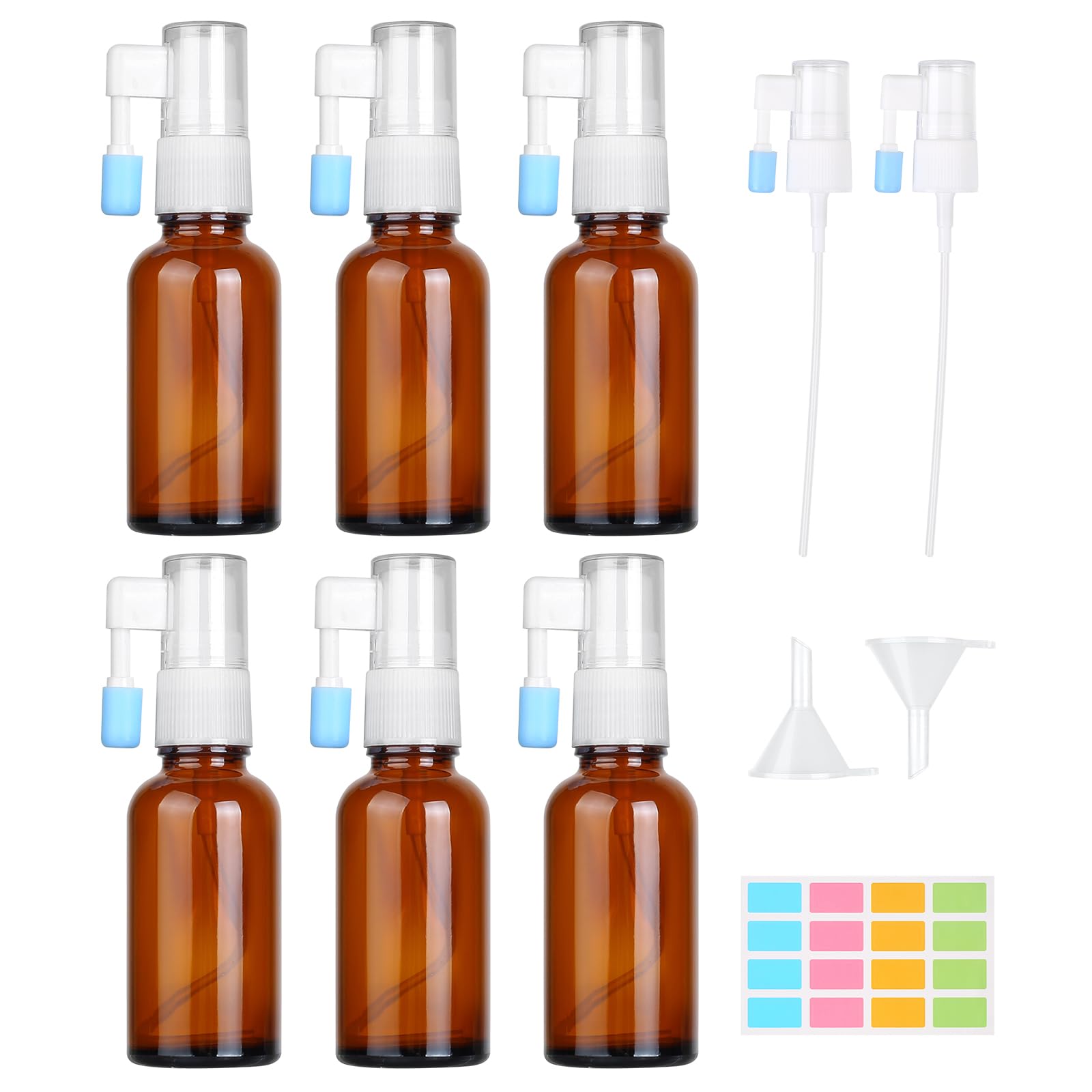 Butelka z rozpylaczem do nosa, 6 sztuk, pusta, szklana butelka z rozpylaczem, 30 ml, spray do nosa z rozpylaczem, wielokrotnego użytku, z głowicą natryskową, lejkiem, etykietami