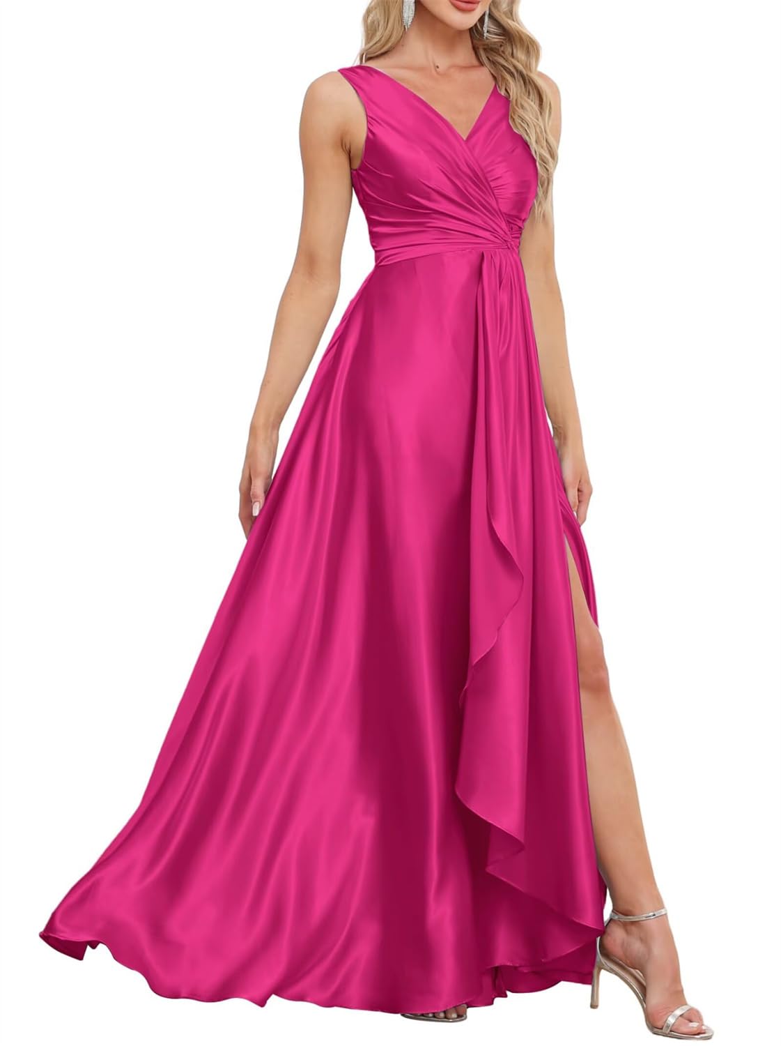 HPPEE Fuchsia Satin Bridesmaid Dresses for Women Pleated Ruched A Line V Neck Wedding Guest Dress Formal Gown UK14