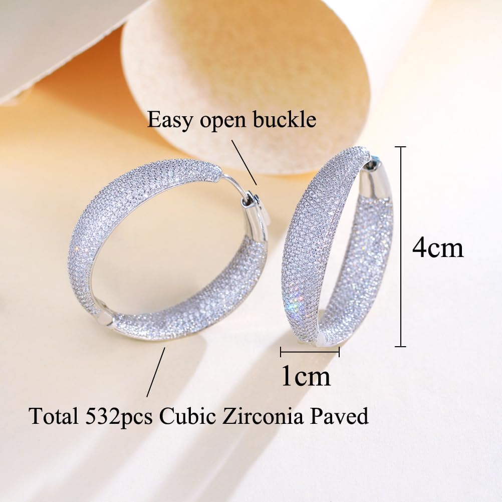 Cubic Zirconia Big Round Hoop Earrings, White Gold Plated Statement Dangle, 532pcs Clear CZ Crystal Paved, Wedding Party Jewelry for Women - Image 4