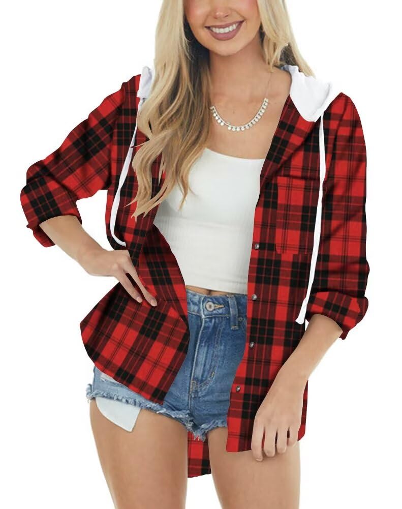 INFITTY Women's Buffalo Plaid Hoodie Long Sleeve Jacket Button Drawstring Casual Fall Shirts with Pocket