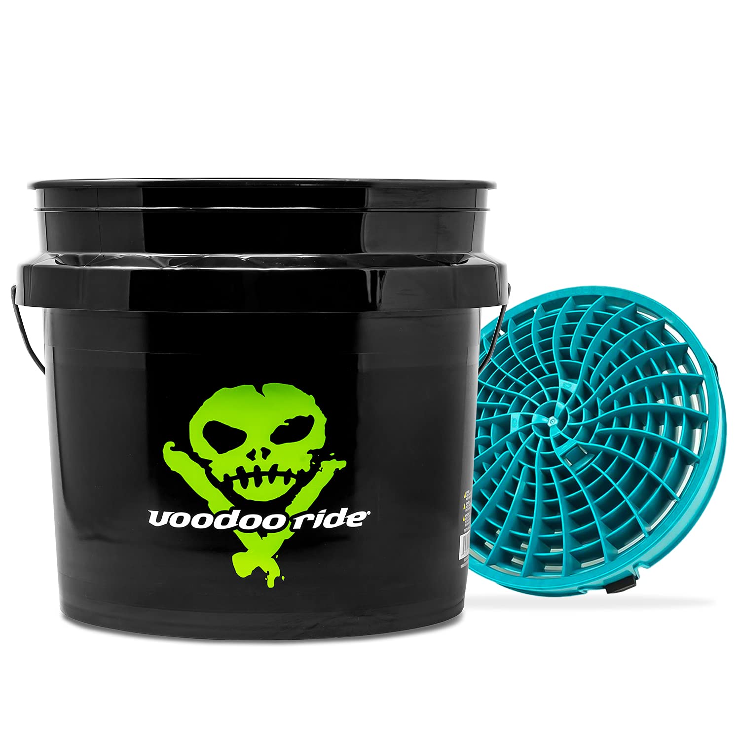 detailmate Kit de lavage de voiture : seau de lavage Voodoo Ride 3,5 gallons (13 L) noir avec insert de seau de lavage Detail Guardz Dirt Lock Turquoise pour un lavage à la main sans rayures.