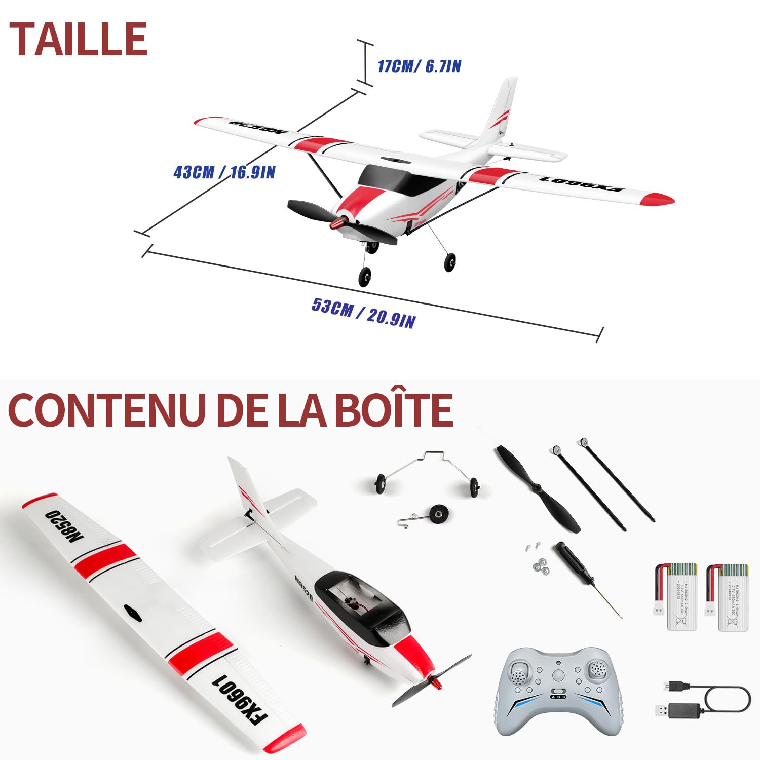 HAWK'S WORK Avion RC Cessna 530mm, Avion Télécommandé 4 Canaux RTF, Moteur sans Balais Gyro 6 Axes 3 Modes de Vol