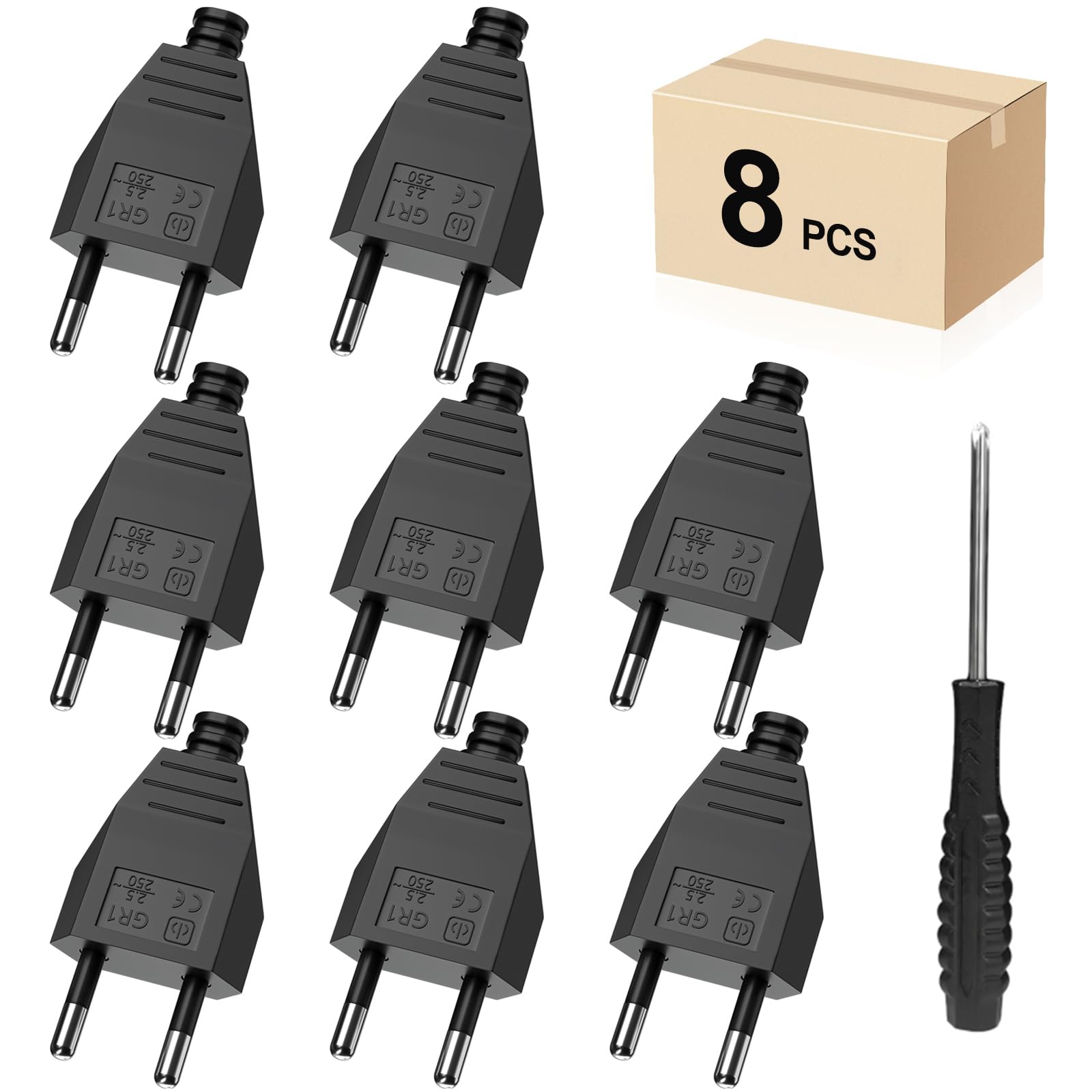 Eurostecker Flach, Euro Flachstecker, Stromstecker Flach (220V, 2.5A), Schwarz- 8 Stücke