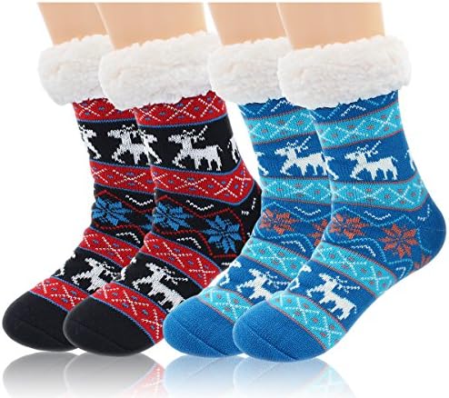 2 Pairs Women's Winter Fuzzy Warm Cozy Fleece Lined Slipper Socks with Grippers, Non Slip Super Soft Thick Christmas Sock