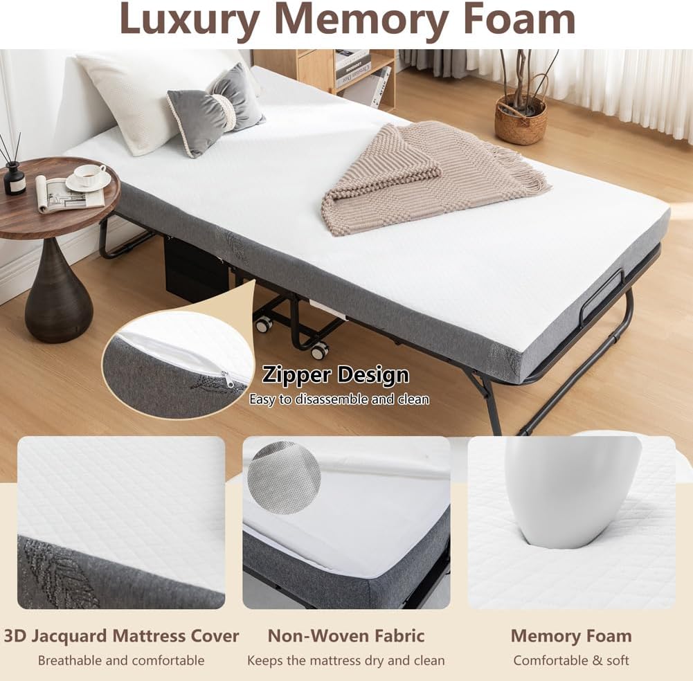 75" x 38" Folding Bed with Mattress, Portable Foldable Bed with 5" Memory Foam Mattress and Metal Frame for Adults, Roll Away Guest on Wheels, Side Storage Pocket, Space Saving, Easy Storage