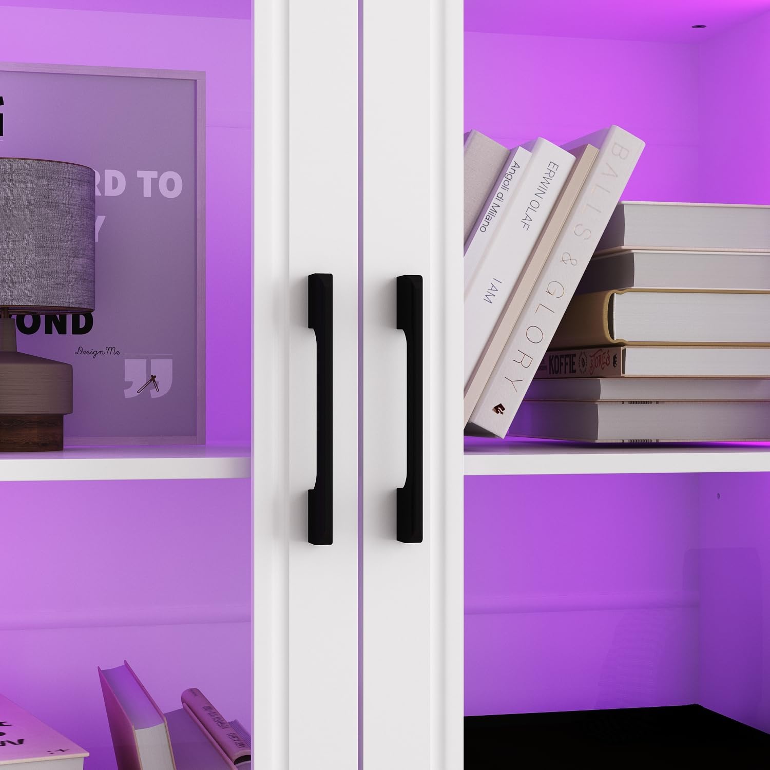 Display Cabinet with Glass Doors, 63" W Bookshelf with Lights in 7 Color Mode, Large Home Office Storage Cabinet with 3 Drawers, Collectibles Cabinet Display Case for Living Room, White