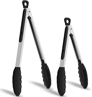 HOTEC Stainless Steel Kitchen Tongs with Silicone Tips, Set of 2-9" and 12" | Durable Spring Locking, Non-Slip Grip, 600°F Heat-Resistant Metal Tongs for BBQ, Grill, Air Fryer & Serving, Dishwasher Safe