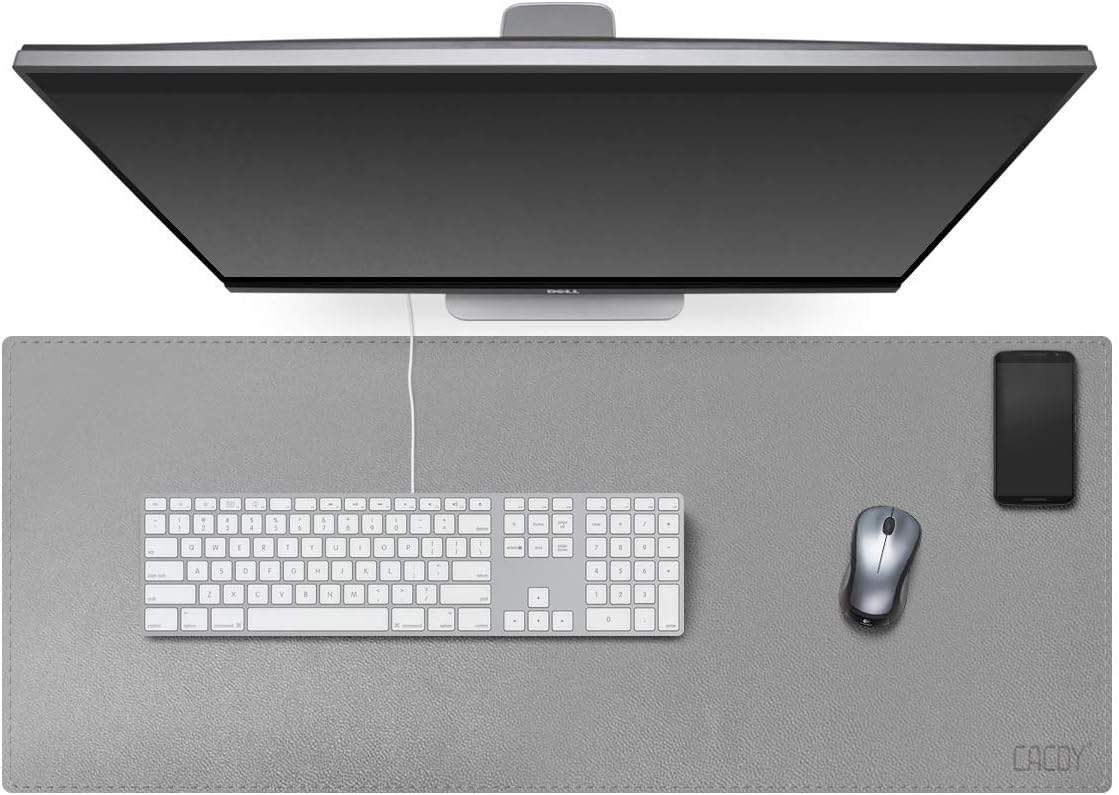 Grey PU Leather Desk Pad Extended Gaming Mouse Pad Keyboard Mat Dual Use Waterproof Writing Desktop Mat for Office/Home (Size L 39.4" x 15.7")