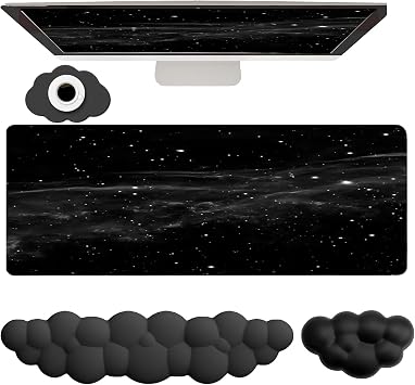 Cloud Mouse Pad Keyboard Wrist Rest 4PCS Extended Large Galaxy Desk Mat Pad Set Memory Foam Non-Slip Cute Ergonomic Gaming Mouse Pad Wrist Support for Computer Laptop Home Office Black