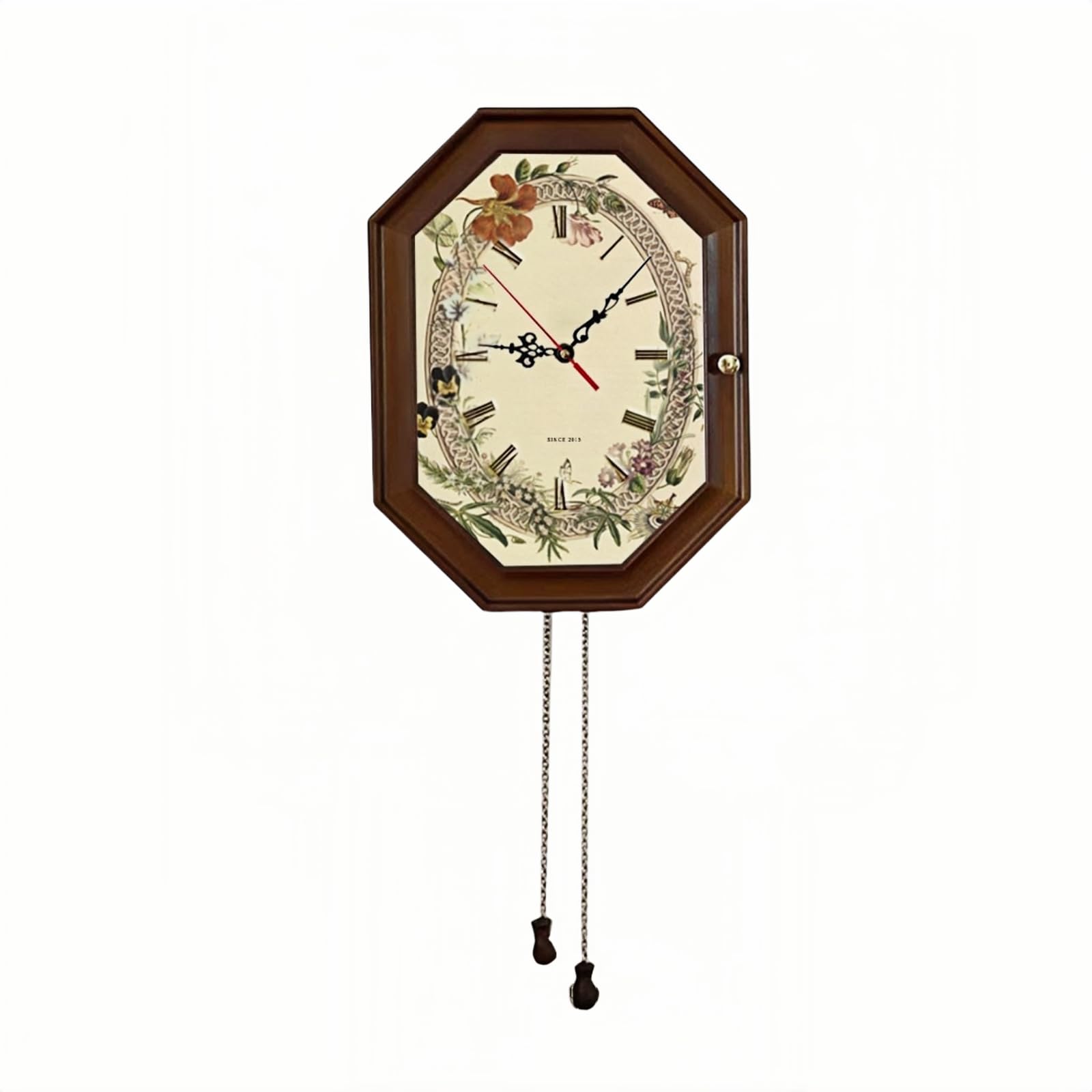 Drewniany zegar ścienny w stylu vintage z miejscem na klucze, dekoracyjny ośmiokątny design, ukryte wewnętrzne haczyki na klucze, cyfry rzymskie, rustykalny styl wiejski (brązowy)