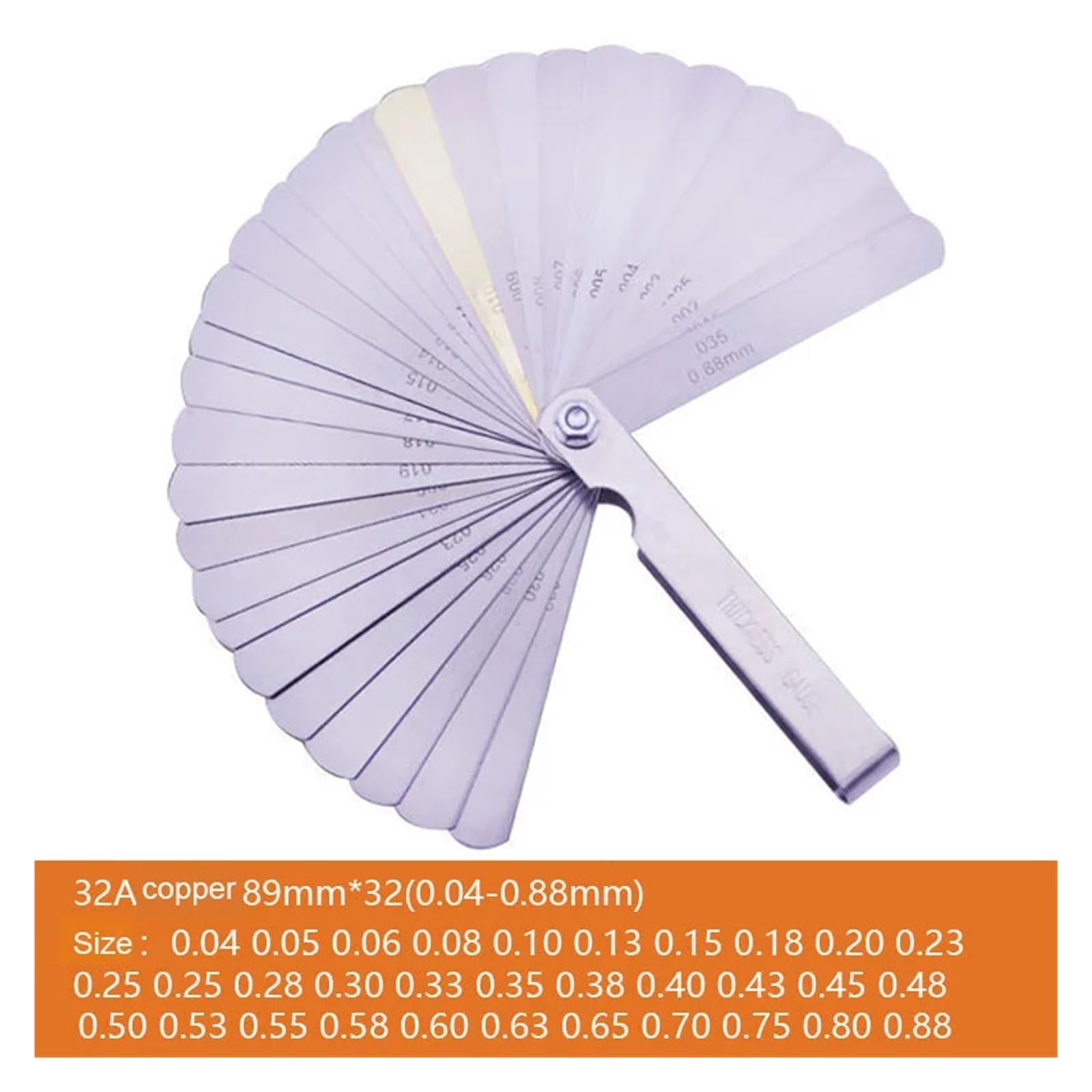 Miarka szczelinowa stożkowa, Zestaw metrycznych szczelinomierzy 14-32 ostrza 0,04-0,88 mm mosiężny zawór popychacz(32PCS)