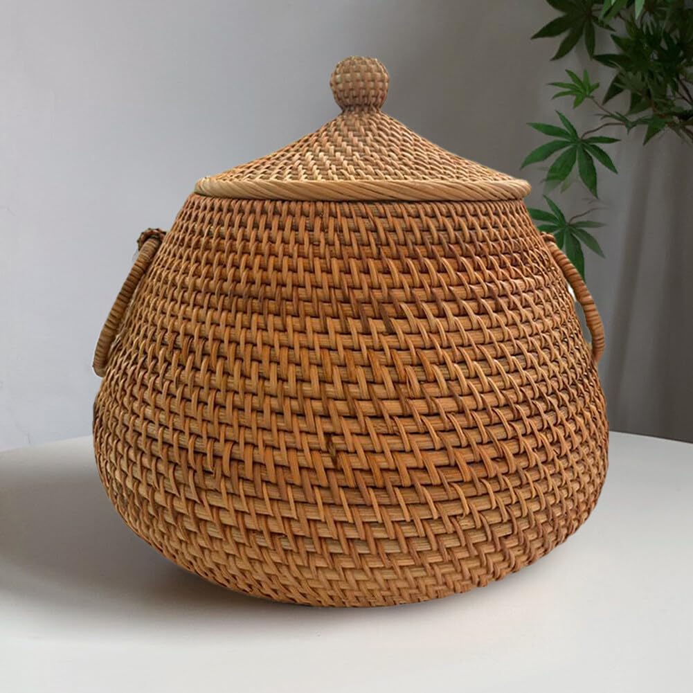 Cesto portaoggetti in vimini con coperchio-cestino in rattan Cesto per frutta rotondo in rattan naturale leggero intrecciato a mano per frutta, verdura