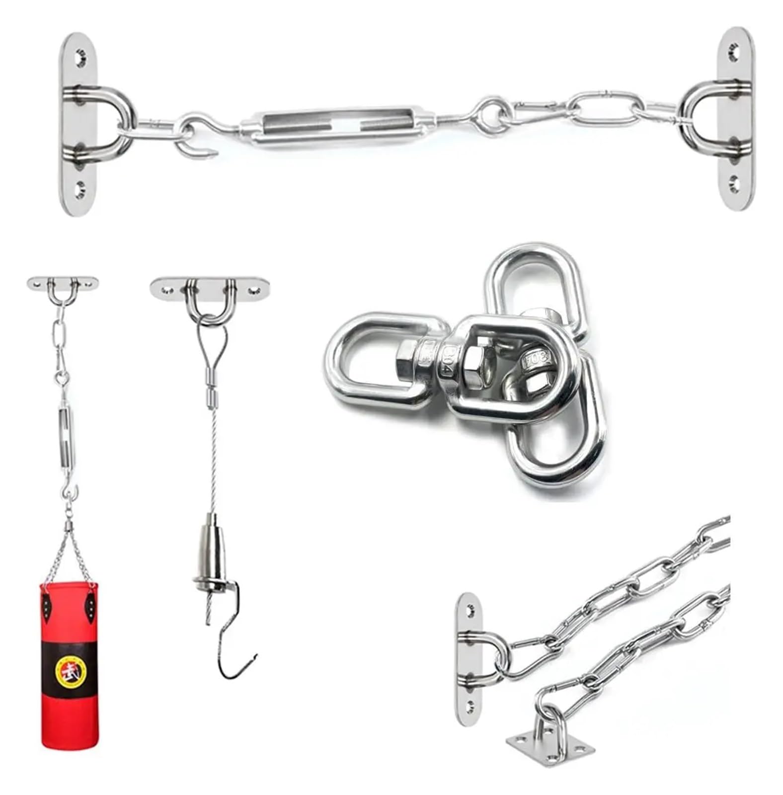 Gancho de ojo giratorio doble extremo acero inoxidable 304 y mosquetón seguridad gancho resorte conector anillo grillete Juego 3(M8)