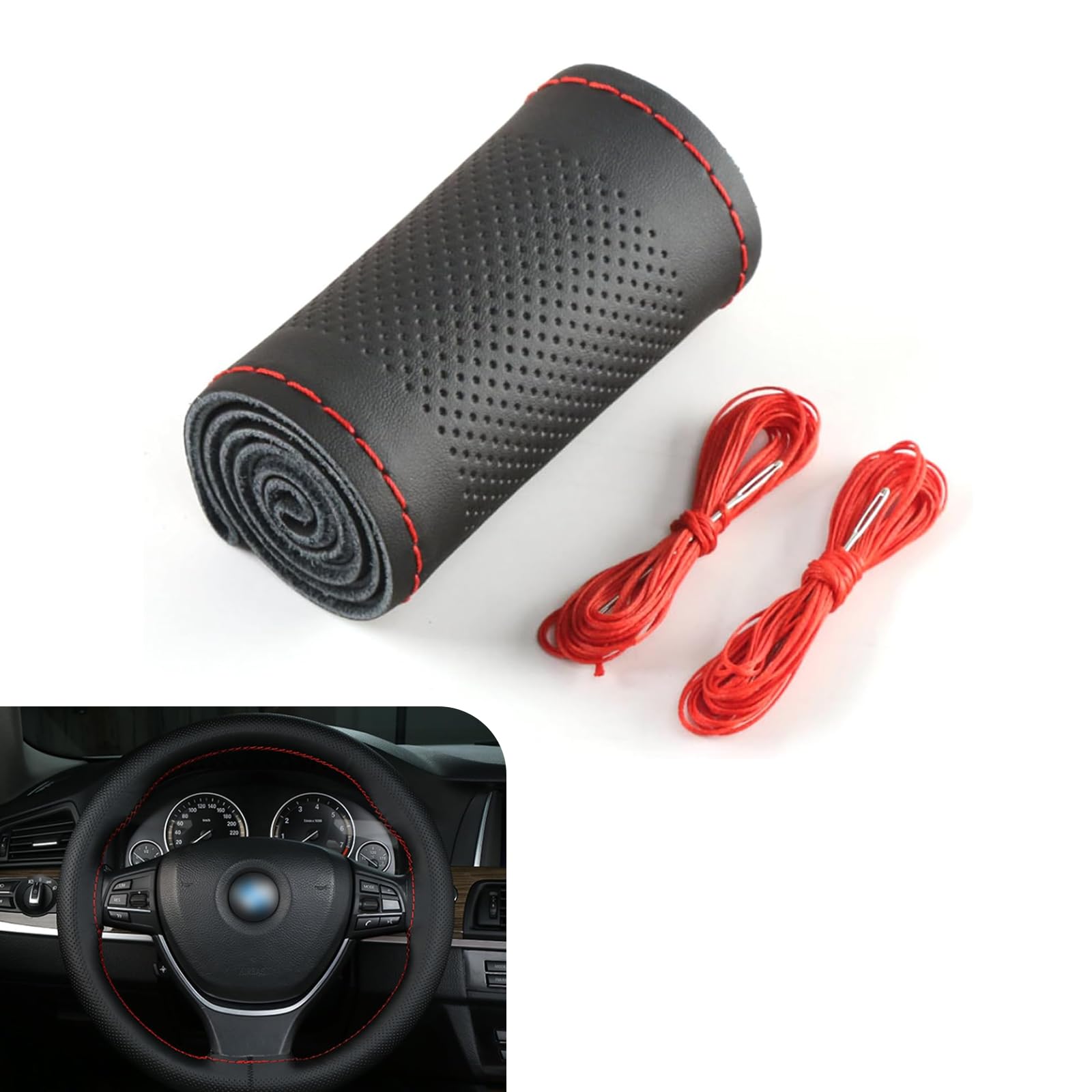 Pack-1 Car Steering Wheel Cover, 14.9" Leather Anti-Scratch Protective Cover for All Seasons, Breathable Non-Slip Easy-to-Hold Cover with DIY Wiring Harness, Universal for Cars (Black & Red)