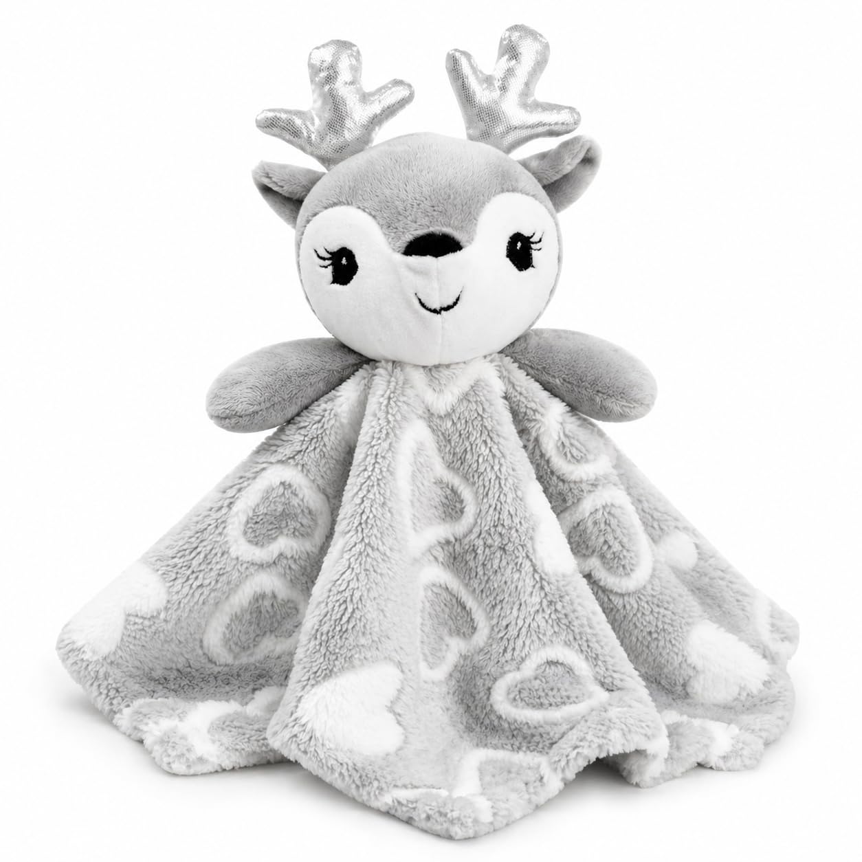 Lullaberry Baby Deer Security Blanket โ Grey Newborn Comforter with Shimmery Silver Antlers - Soft Textured Plush Snuggle Lovey Toy