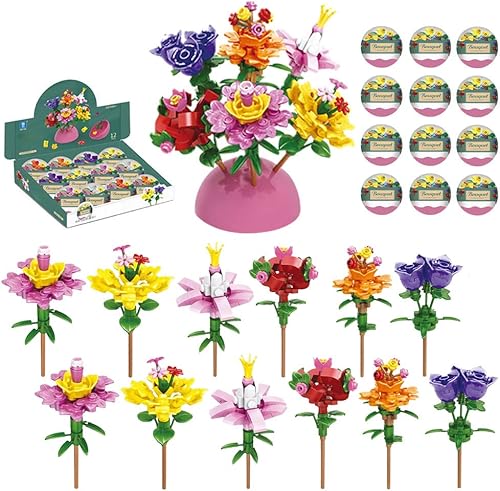 Juego de 12 huevos de Pascua con bloques de construcción de jardín de flores flores artificiales para decoración del hogar y fiesta de Pascua día de