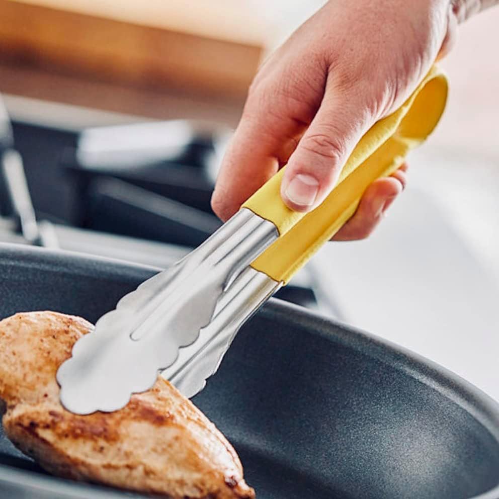 Miniatura 5 de Juego de 3 pinzas de acero inoxidable de 10 pulgadas, pinzas de cocinaservir con borde de agarre festoneado y mango recubierto de agarre