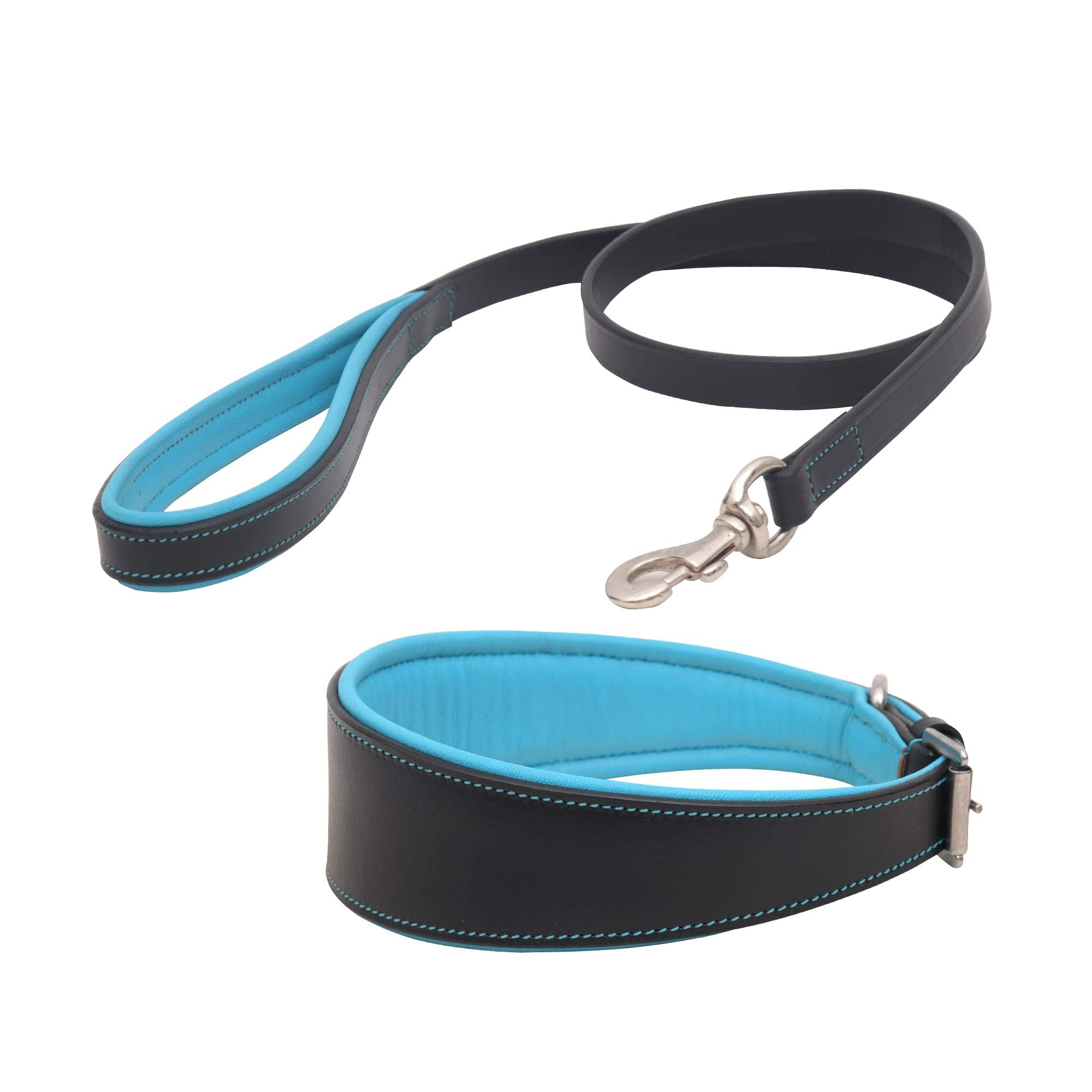 SIE EQUESTRIAN Leather dog collar with matching lead (Black with Blue lining, 24'' (Will fit 21'' to 24''))