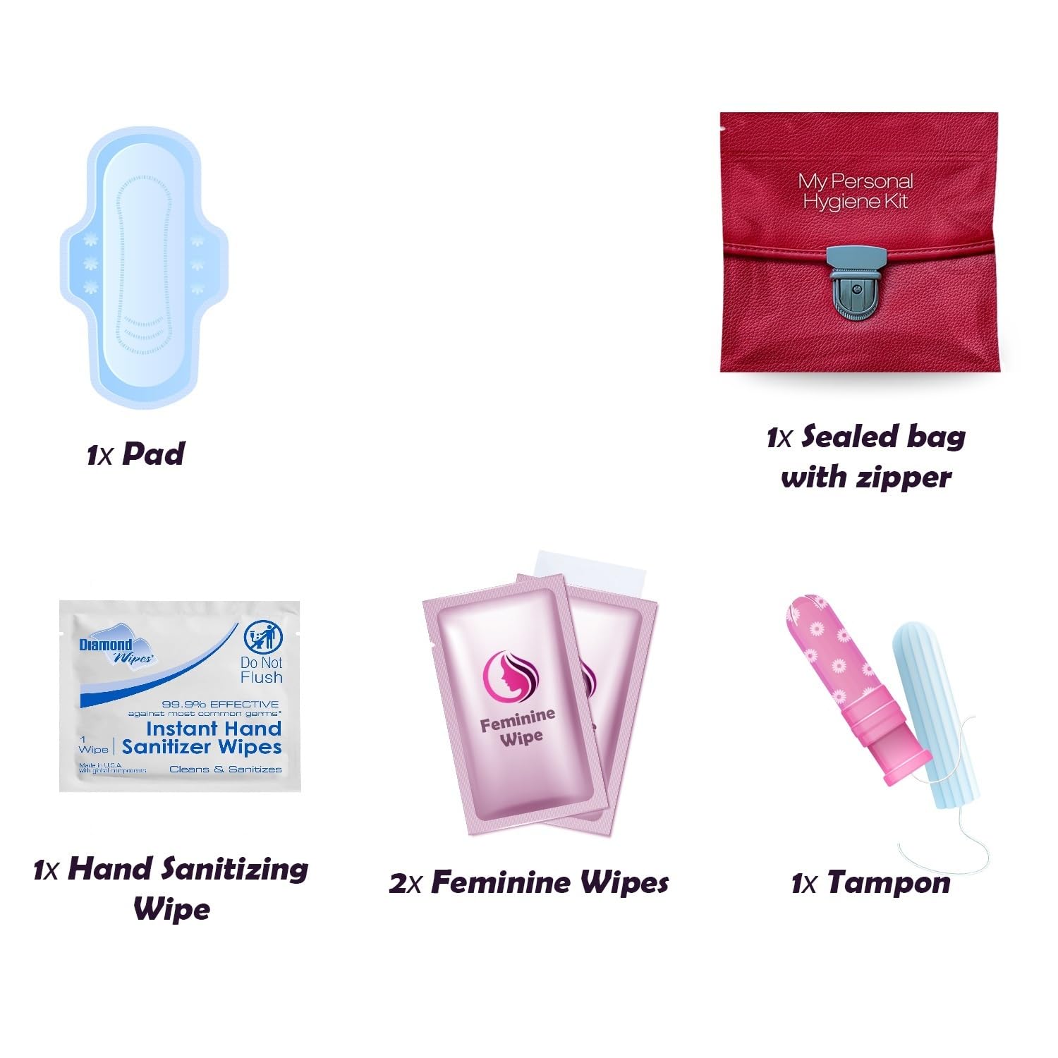 3 x Menstrual All-in-One Kits - Assorted Colors | Convenience on The Go | Single Period Kit Packs | Individually Wrapped Feminine Hygiene Products (Green Ferns/Red Purse/Under The Sea)