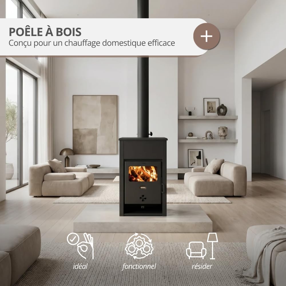 PRITY K2 D Poêle à bois 11,6 kW Classe d'efficacité énergétique A+ 80,7 % Rendement 80,7 % Tuyau de fumée Ø 130 mm Construction en acier et fonte