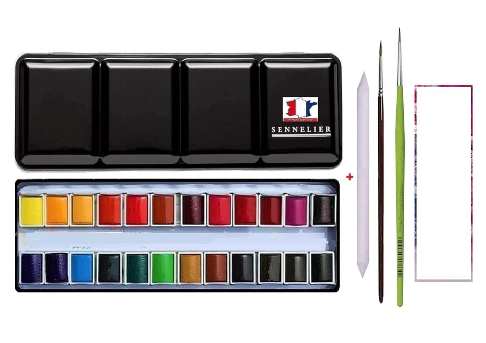 Sennelier Extra-fine Aquarellfarbe, Aquarell Malkasten, Metallkasten, 24 x 1/2 Näpfchen.mit Pinsel und Papierstift. Made in France(France Import)