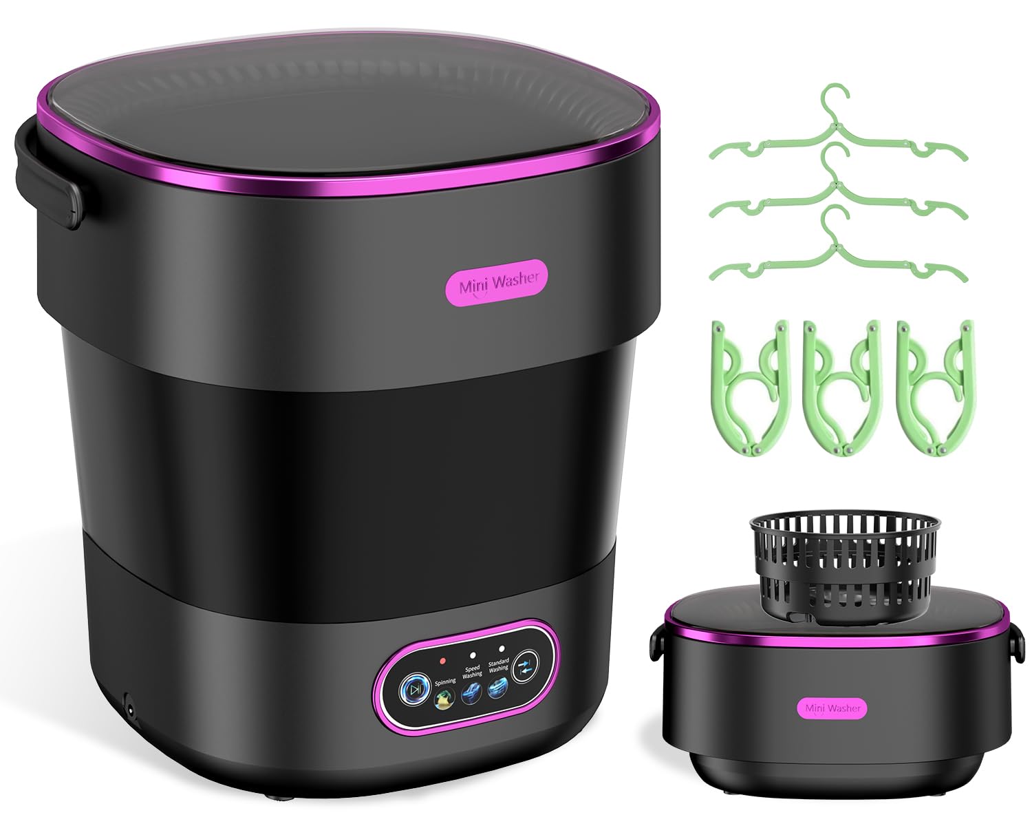 Portable Washing Machine, Mini Washer and Spin-Dryer With Folding Hanger, 16L Large Capacity Small Compact Laundry Machine of Underwear, Baby Clothes, for Apartments, Dormitories, RV, Travel, (Black)