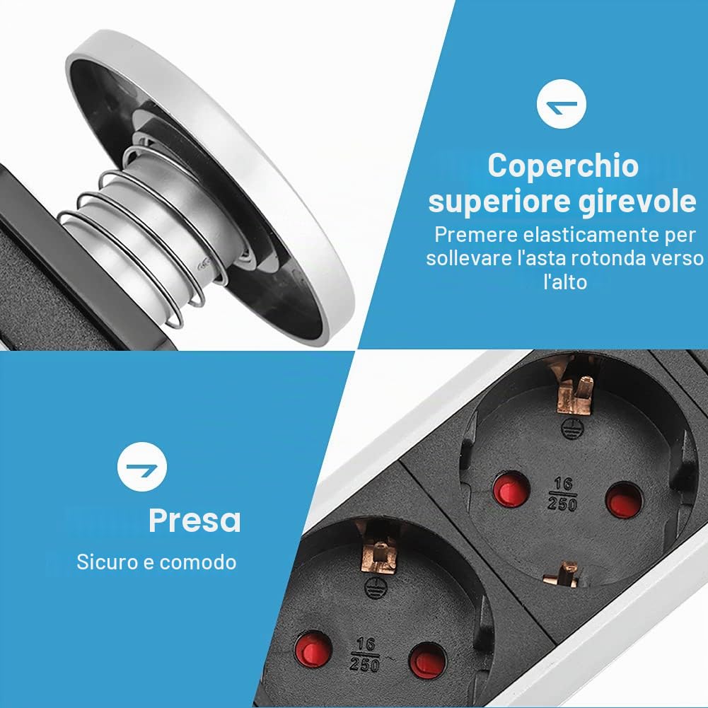 Presa a Scomparsa da Tavolo con USB, 4 Prese in Alluminio con Interruttore per Ufficio e Superfici di Lavoro