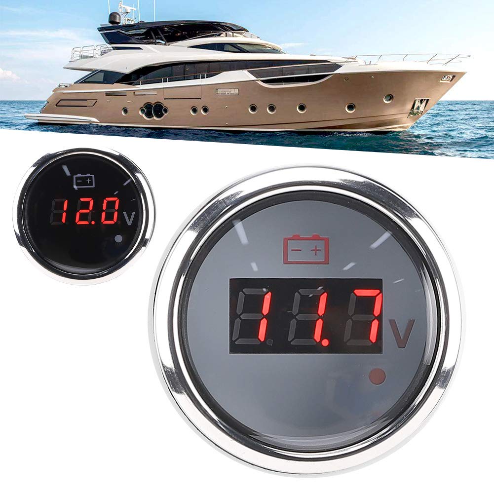 Akozon Jauge de tension de batterie Affichage numérique à LED Alarme intelligente étanche IP67 Universel pour bateau automatique 2 pouces(Noir)