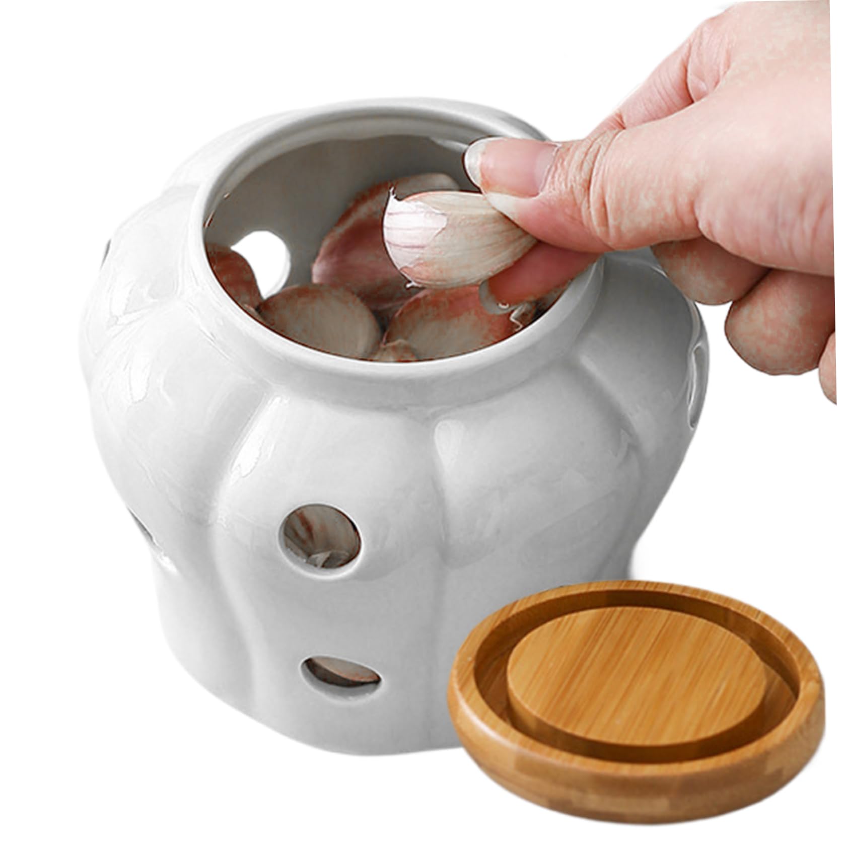 Mskmnkot White Garlic Pot 4X4in Vented Freshness Ceramic Kitchen Garlic Keeper Large Opening With Lid Countertop Non-Slip Hollow Stylish Storage For Onions, Ginger (White) Pot