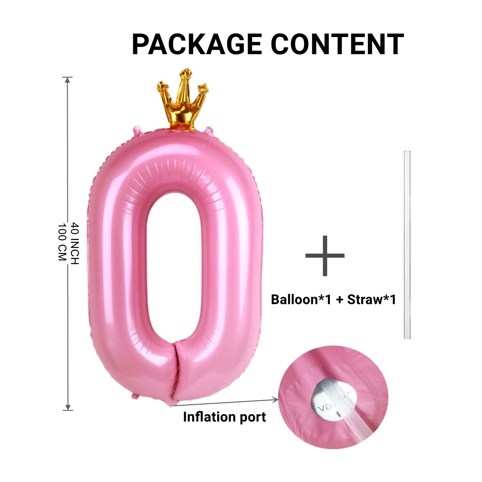40 Inch Crown Pink Number 0 Balloon, Big Conjoined Baby Pink Foil Mylar Helium Digit 0 Balloon for Girl Birthday Party Decorations Anniversary Decor Theme Party Supplies