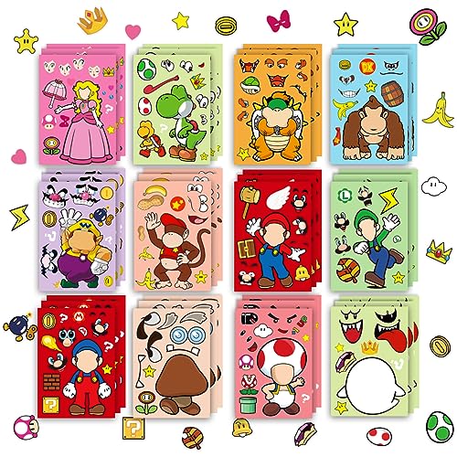 36Pcs Mario Make a Face Stickers,Cartoon Stickers Book Crafts for Kids,DIY Mario Party Supplies Favors Make Your Own Stickers Mixed and Matched with Different Designs Characters for Birthday Gifts Class Reward Book Decor Cartoon Stickers Book Crafts for Kids