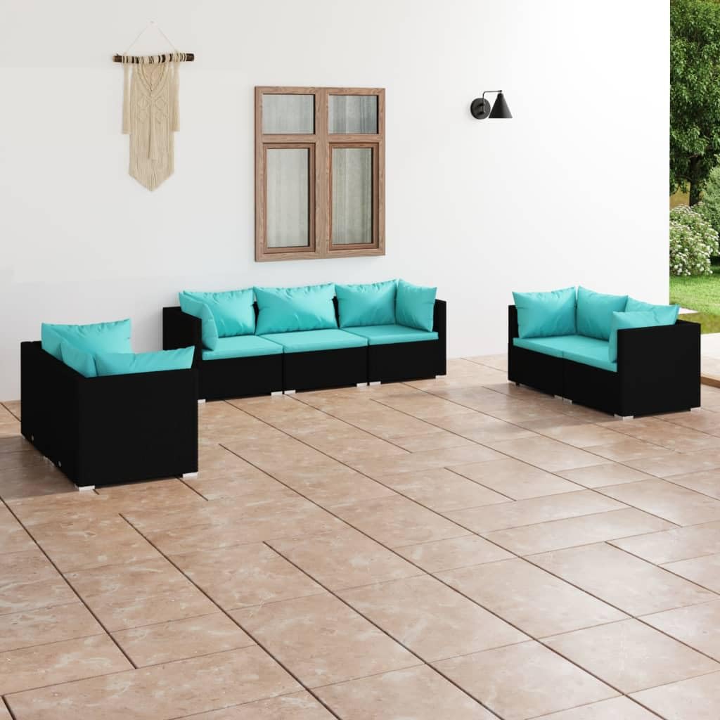 Juego de 7 muebles de jardín con cojines, ratán sintético, marco de acero recubierto de polvo, diseño modular, cojines gruesos acolchados para una comodidad óptima