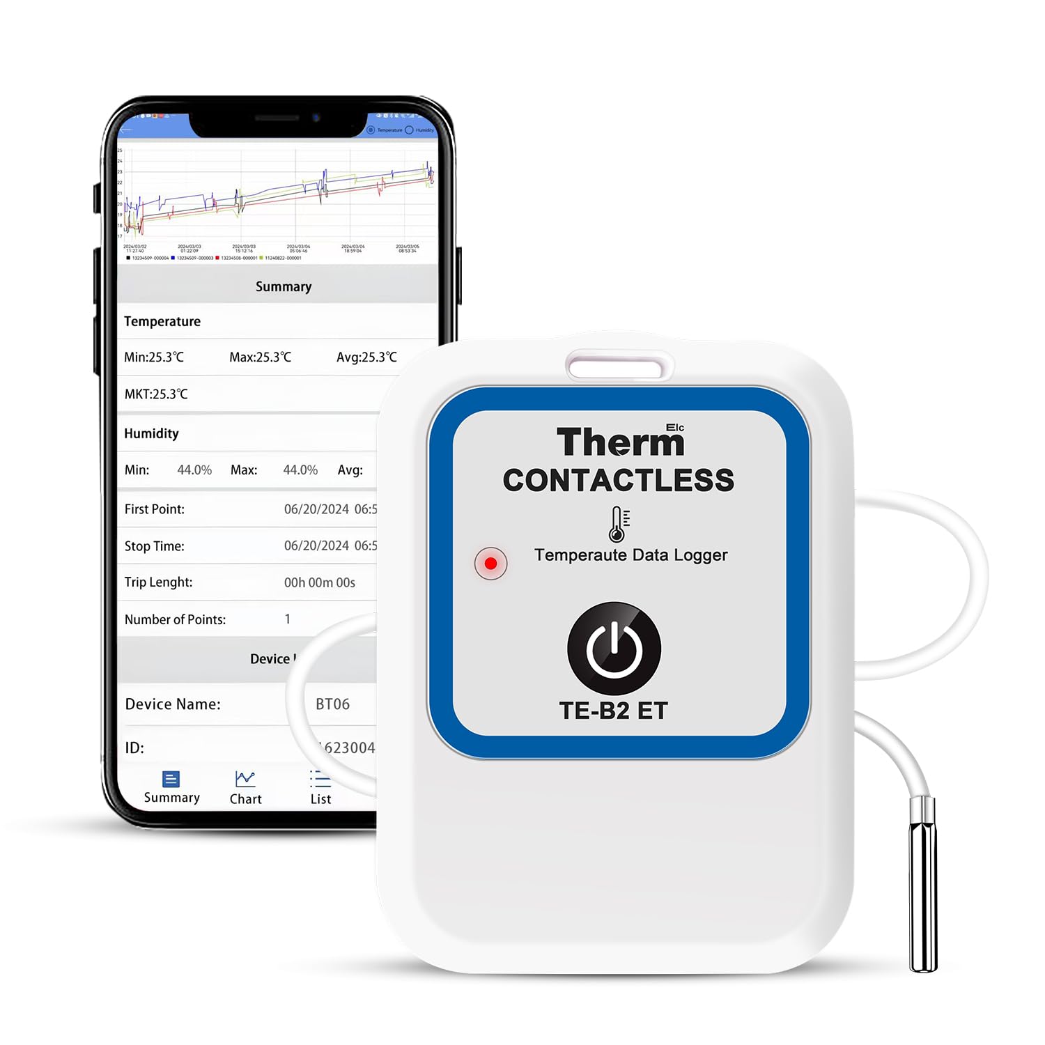 ThermElc TE-B2 ET Registrador de datos de temperatura Bluetooth con sonda externa, compatible con EN12830, informe PDF/CSV, cálculo MKT, registrador inalámbrico reutilizable para laboratorios