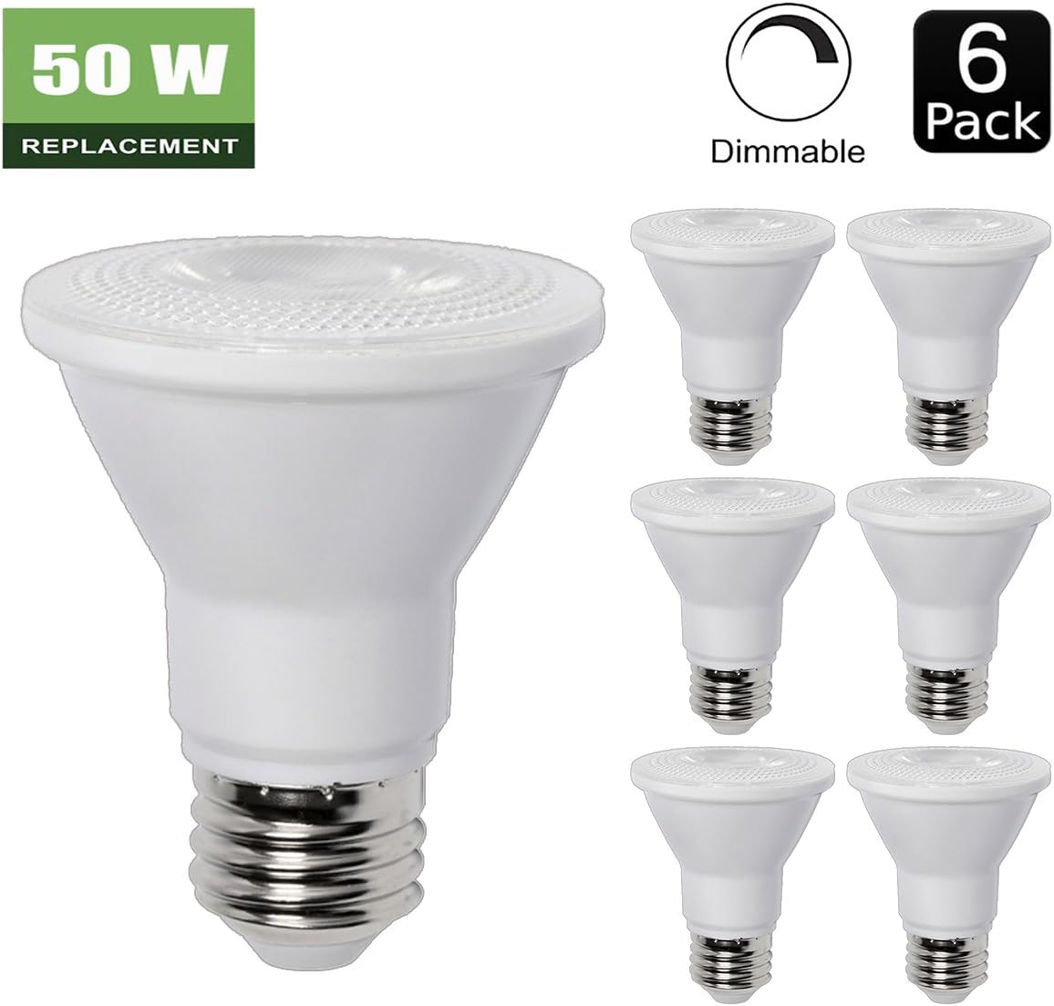 6 Pack - PAR20 Dimmable LED Bulb, 7W (50W Equivalent) Flood Light Bulb, 3000K Warm White 500lm, 40° Beam Angle Spot Lighting, E26 Medium Screw Base, UL Listed, XMprimo