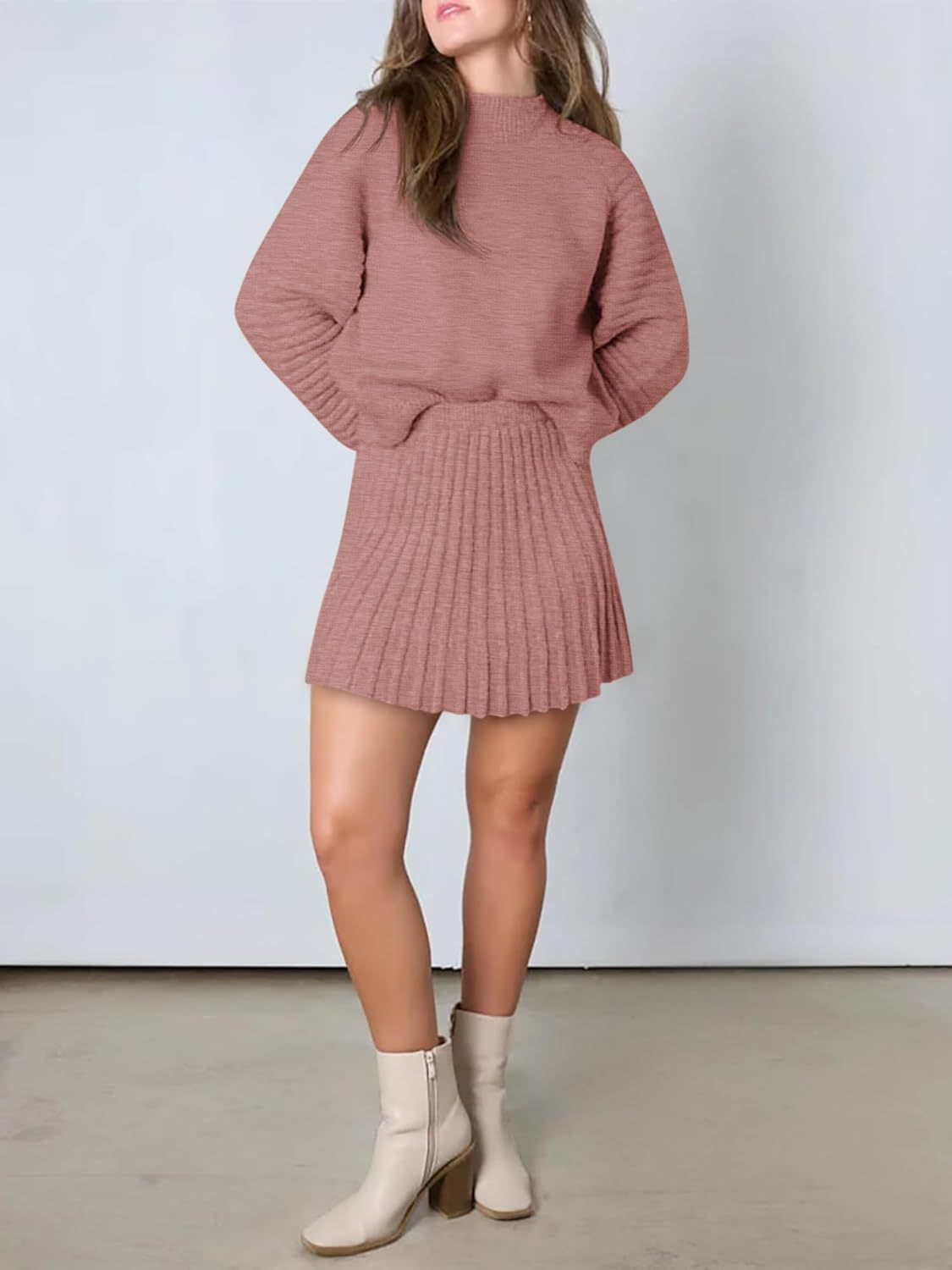 Womens 2 Piece Skirt Sets Fall Fashion 2025 Mock Neck Ribbed Knit Sweaters And Mini Skirt Two Piece Outfits - Image 5