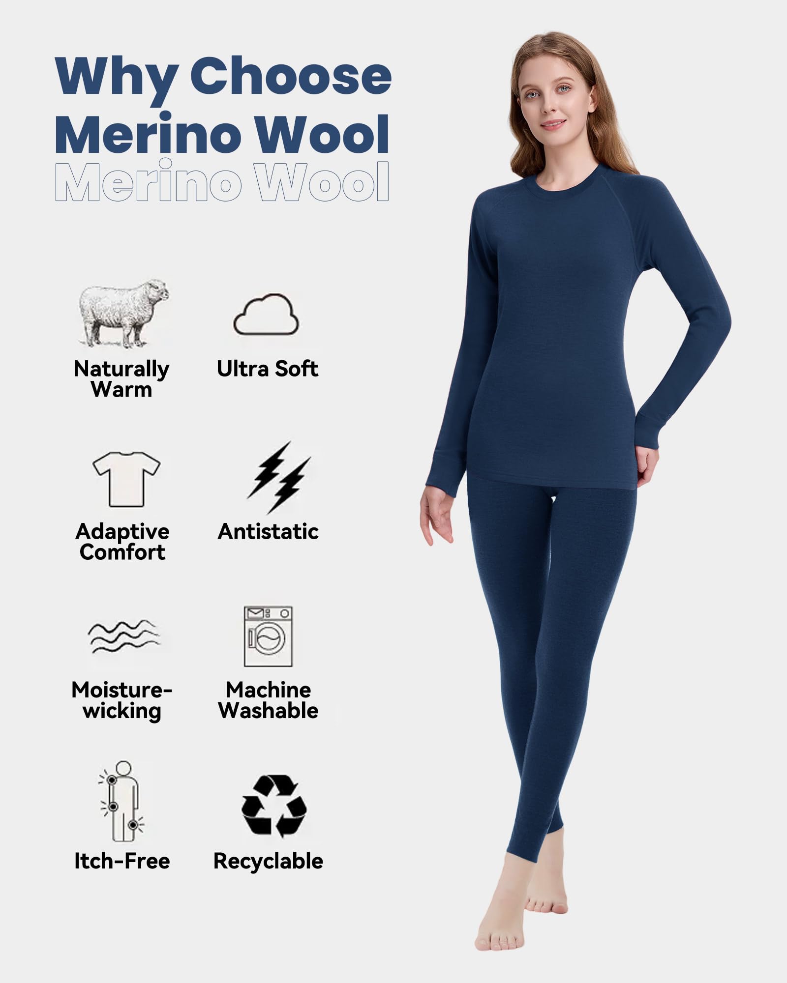 Conjunto de ropa interior térmica para mujer, 100 % lana merino, ropa interior ligera de esquí para mujer, suave y cálida