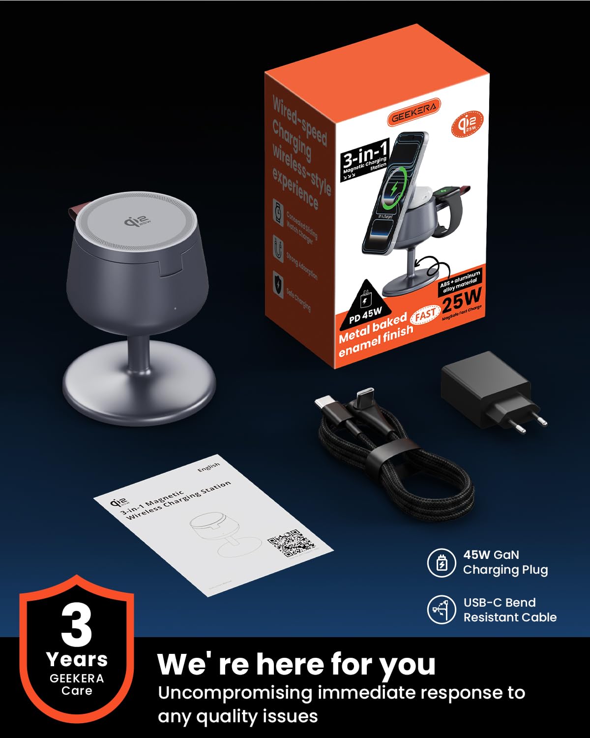 GEEKERA Qi2.2 25W 3-in-1 Ladestation für Apple: MagSafe-kompatibles Schnellladegerät für iPhone 17/16-12, 5W Fast Charger für Apple Watch & AirPods, 45W GaN Adapter, ideal für Zuhause und Büro