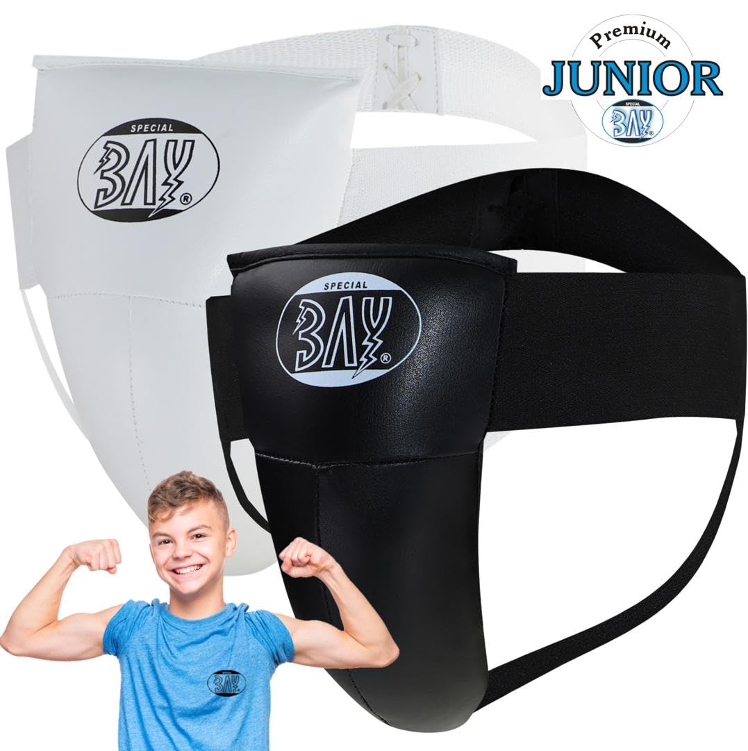 BAY Twin Tiefschutz weiß XXS-XL hochwertigen Leder Pu Suspensorium Genitalschutz für Kinder Herren Jugendliche Herrentiefschutz Unterleibschutz Kampfsport Kickboxen Karate Kids Kindertiefschutz
