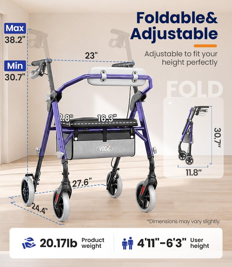 Image of VOCIC Z11 Rollator Walkers for Seniors with Seat, 500 LBS Load, Ultra Wide