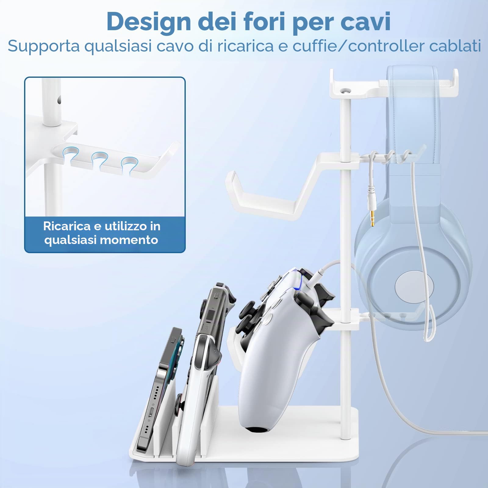 KDD Porta Cuffie Gaming da Scrivania in Alluminio, Stand Supporto Universale per Controller/Switch/iPad/Telefono, Bianco