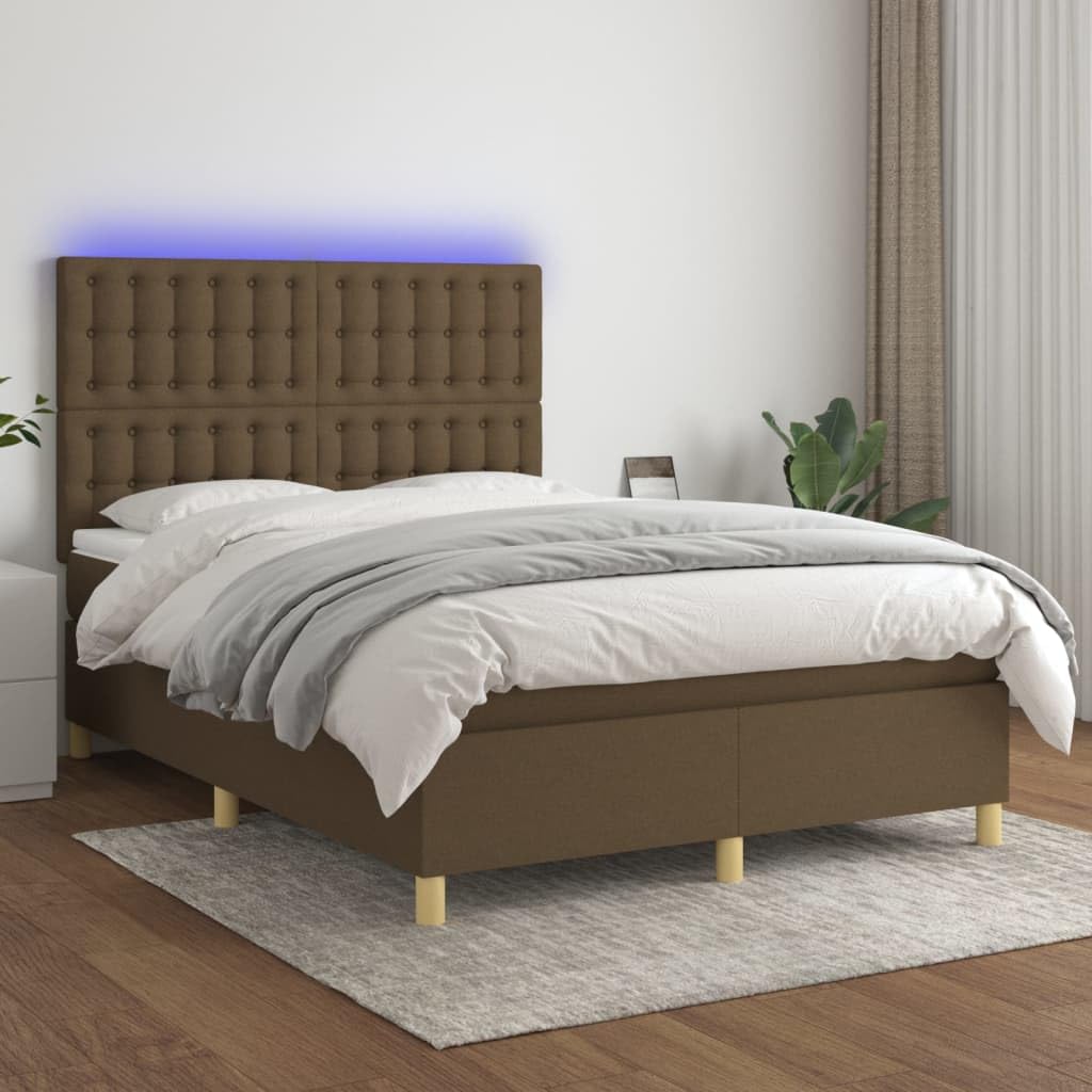 Cadre de lit, sommier à lattes, lit à sommier tapissier, avec matelas et LED, marron foncé, 140 x 190 cm, tissu silencieux, installation facile, convient pour la chambre à coucher