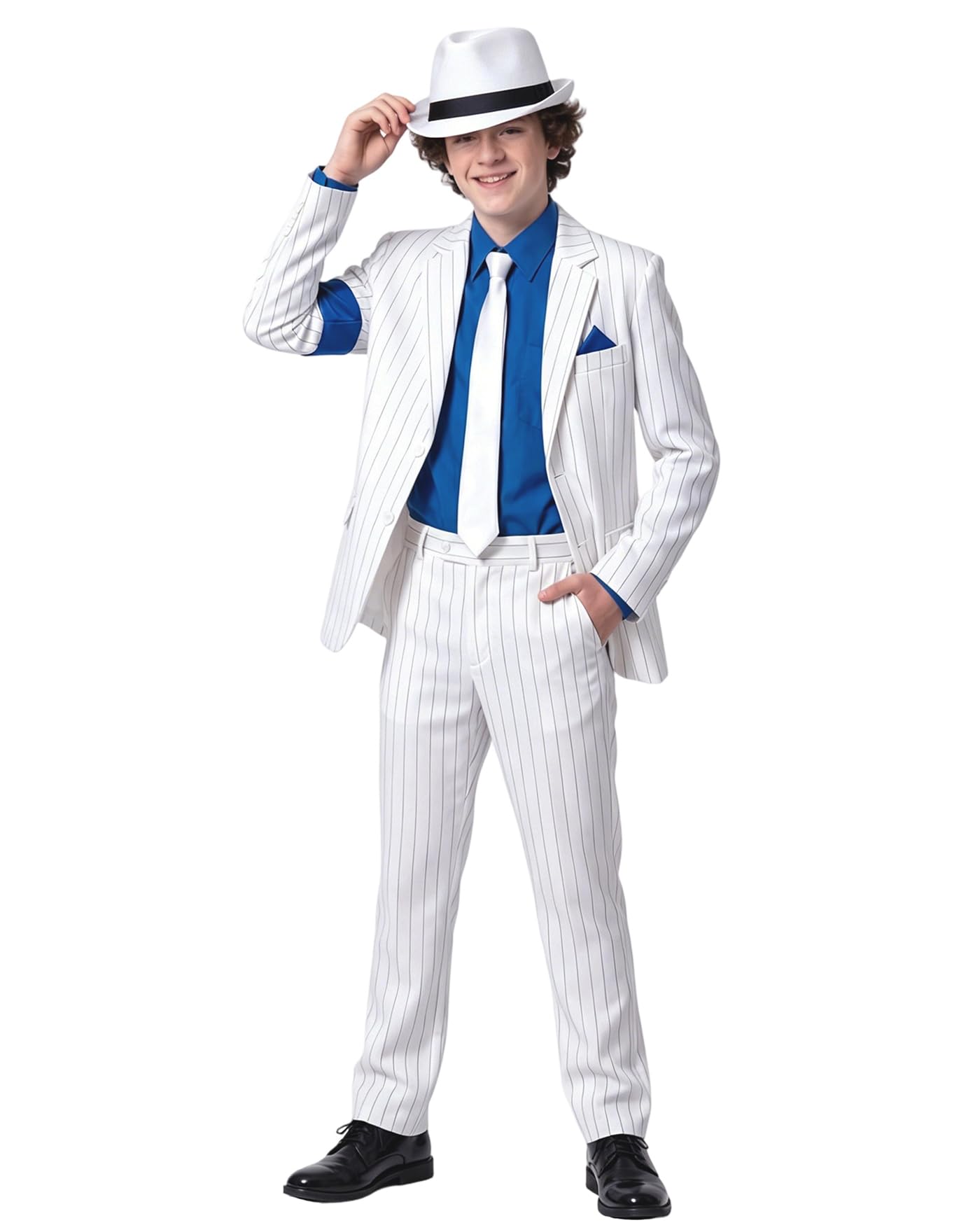 Koongso Pop King Michael Stage Outfits, Rocker MJ Blazer Suit - White Stripe Jacket Pants &Tie 80s 90s Dress Set for Halloween Dance Party Casual (white, L) — image 1