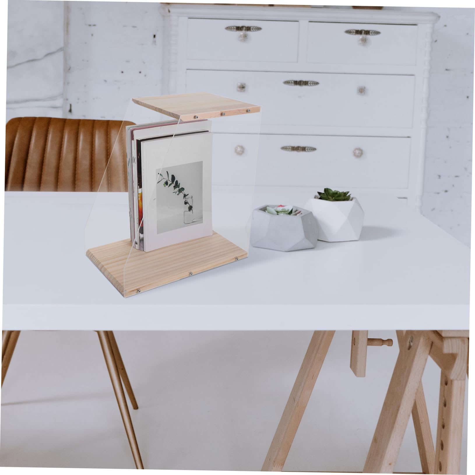 Amosfun Mobile in Legno e Acrilico Trasparente Porta Dischi Vinile Design Minimalista per Organizzare CD e Cassette, per Arredamento Desktop Moderno